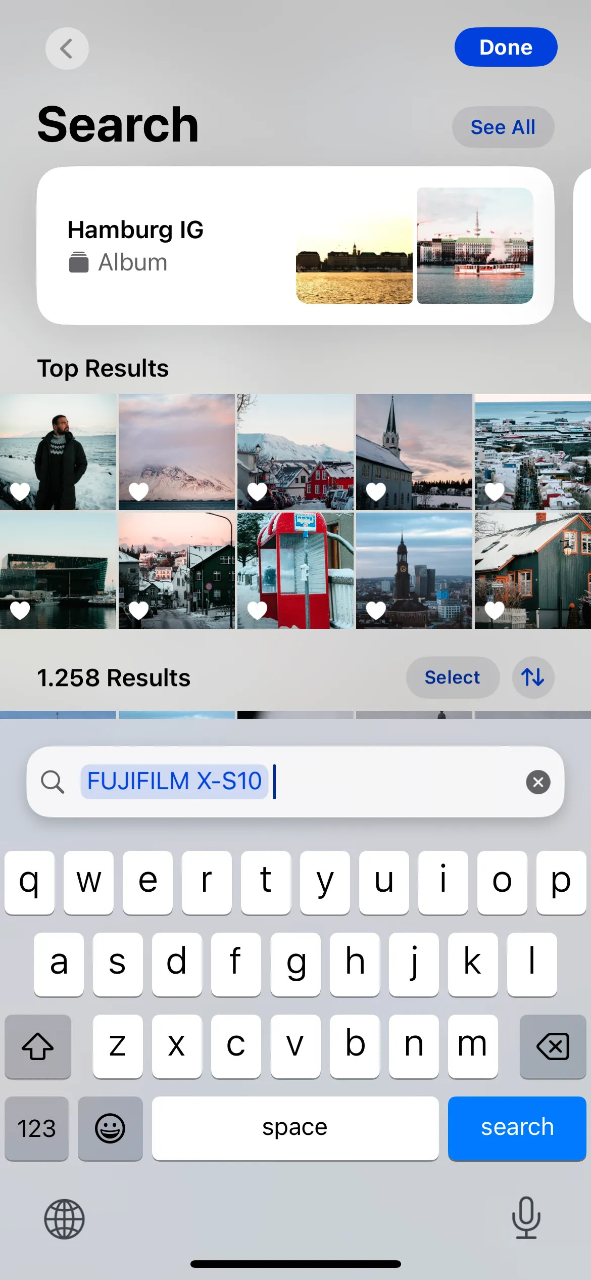 Tính năng tìm kiếm ảnh theo tên máy ảnh (ví dụ: Fujifilm) trong ứng dụng Ảnh của iPhone giúp dễ dàng quản lý.
