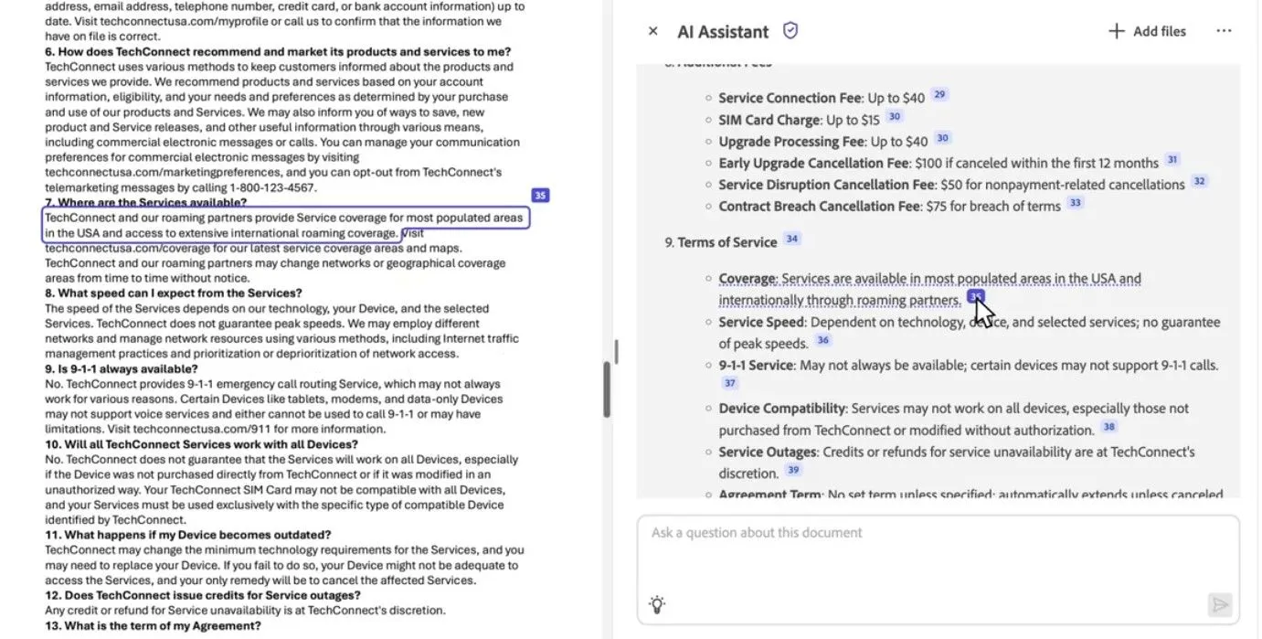 Tính năng tóm tắt của Adobe Acrobat AI, hiển thị thông tin và trích dẫn nguồn chính xác từ hợp đồng