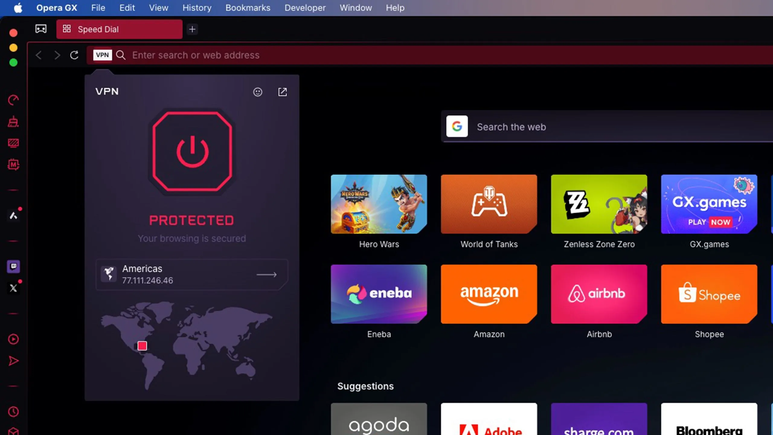 Tính năng VPN tích hợp sẵn trong trình duyệt Opera GX, giúp ẩn danh và vượt qua bóp băng thông.