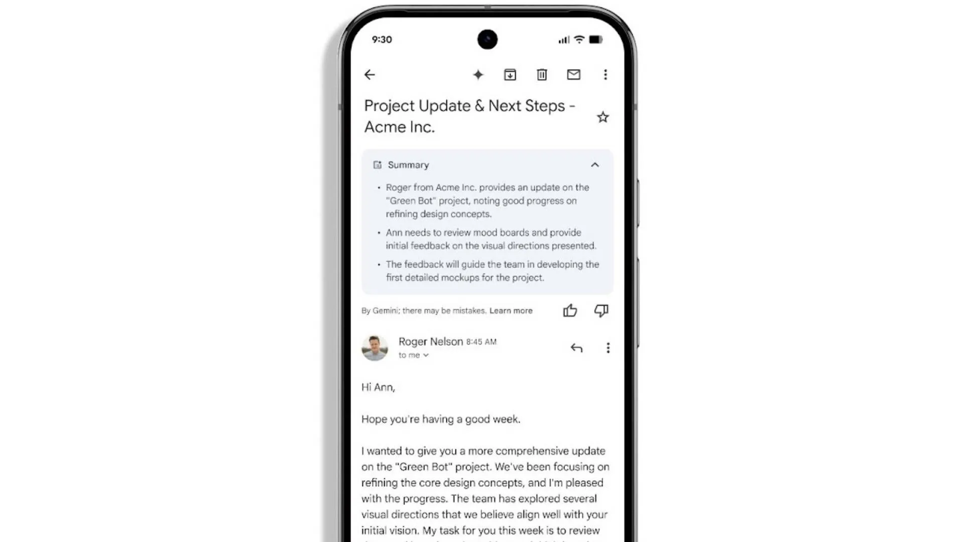 Tóm tắt email tự động của Gemini AI hiển thị trên ứng dụng Gmail di động