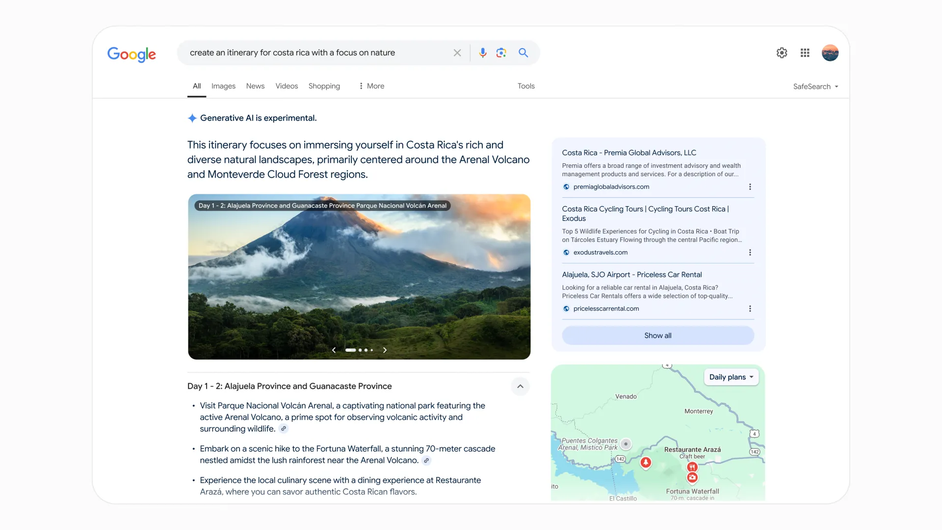 Tổng quan AI trong tìm kiếm Google tạo ra ý tưởng lịch trình du lịch chi tiết theo từng ngày, bao gồm điểm tham quan và nhà hàng.