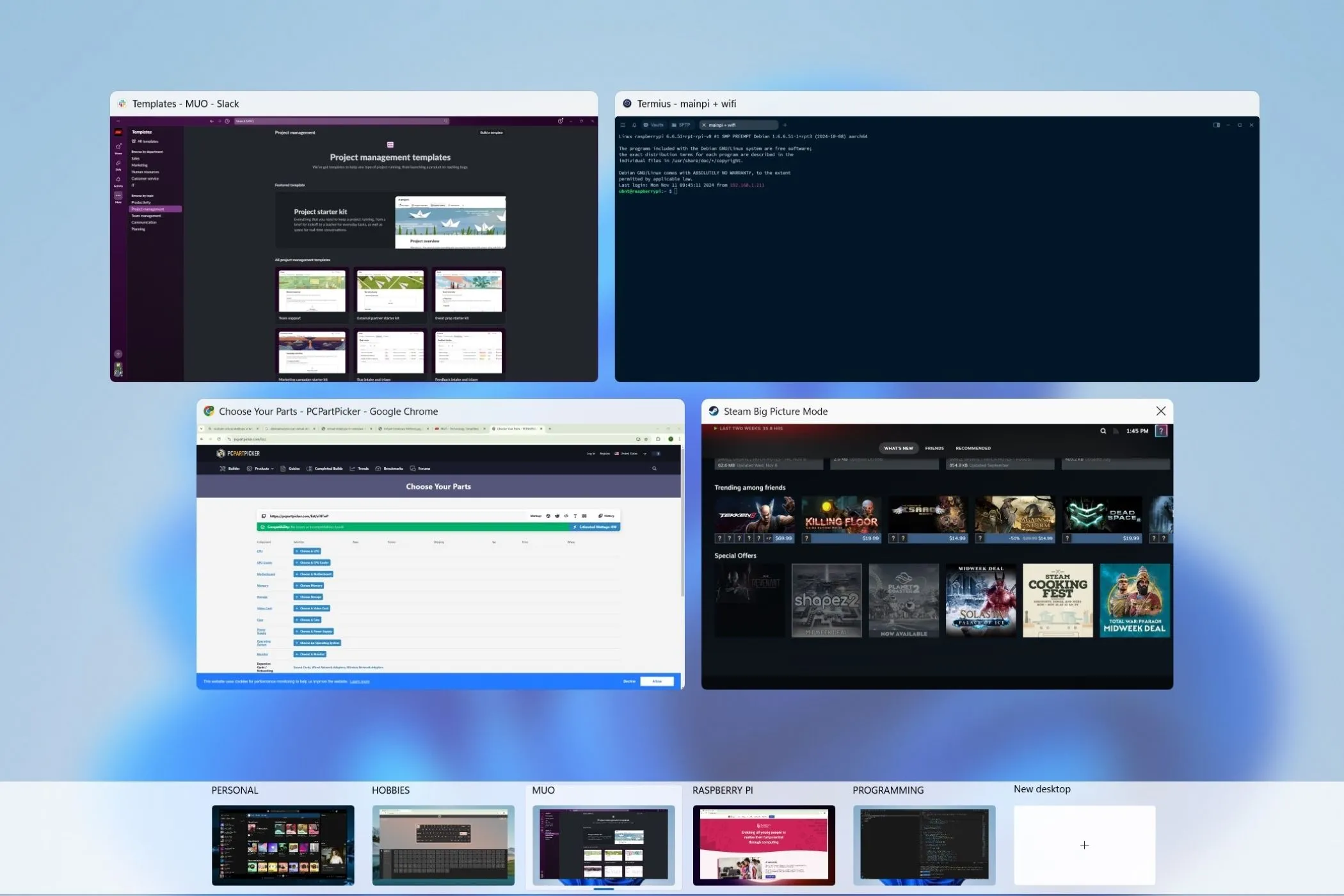Tổng quan các màn hình ảo đang hoạt động trên Windows 11, hiển thị nhiều không gian làm việc khác nhau cho từng dự án hoặc vai trò.