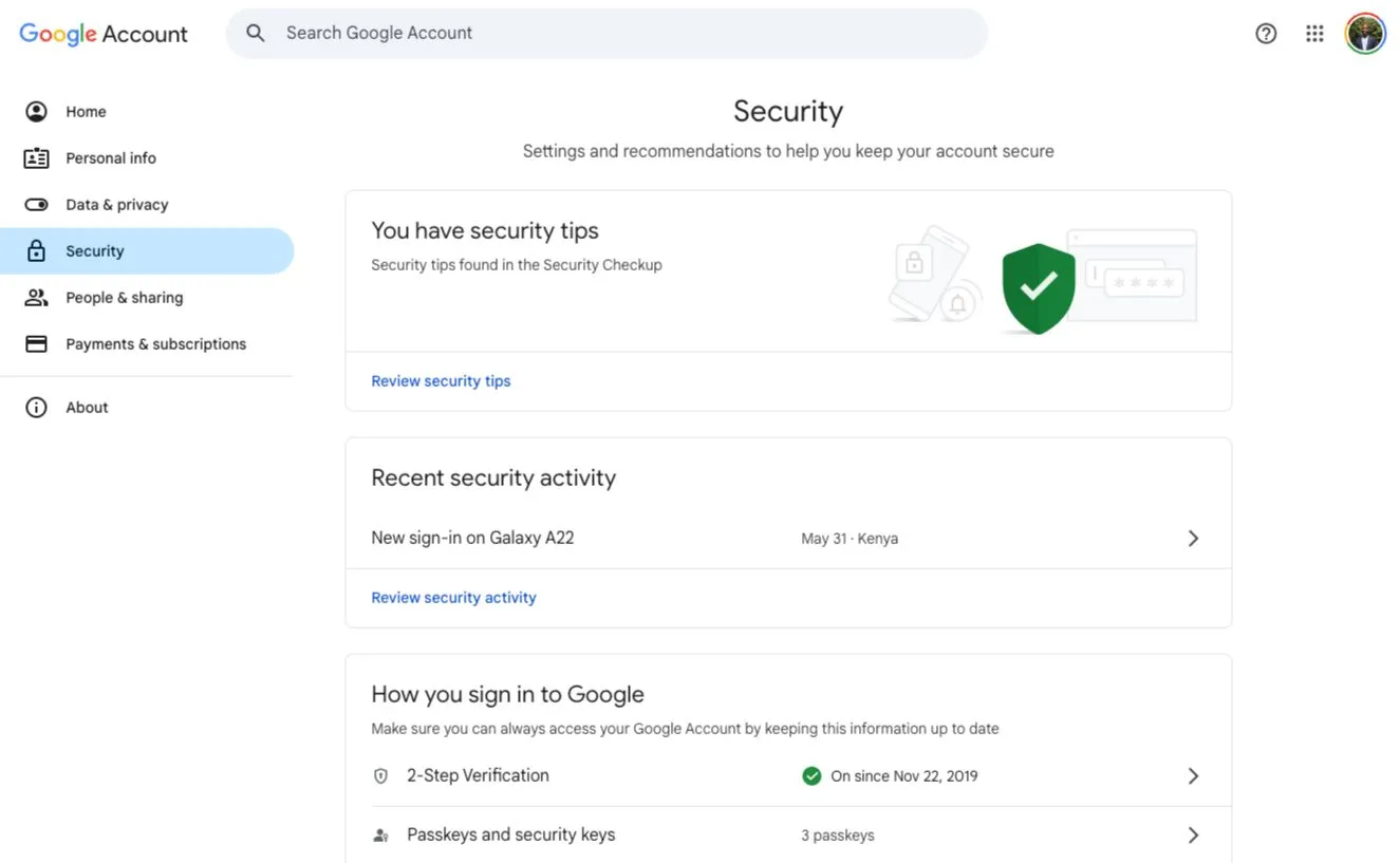 Trang bảo mật tài khoản Google hiển thị các hoạt động gần đây