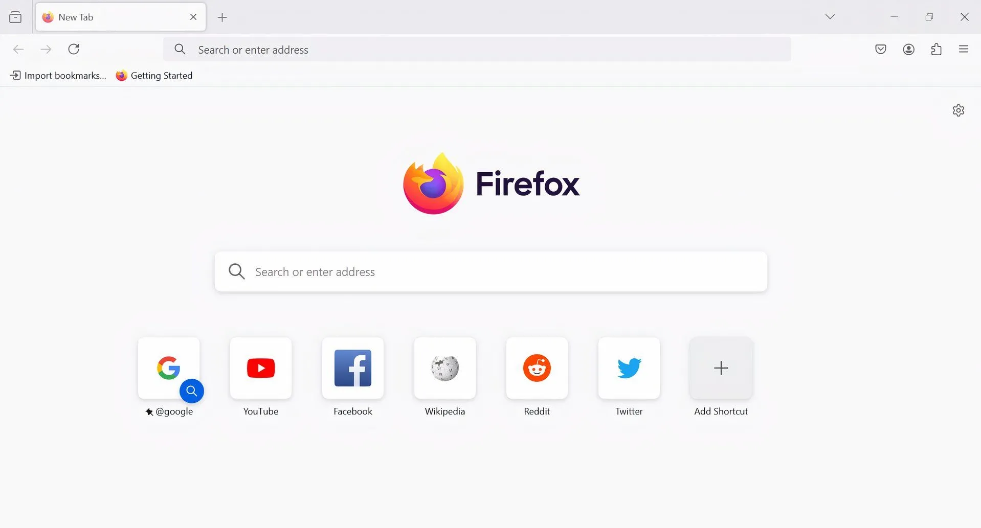 Trang bắt đầu của trình duyệt Firefox với các biểu tượng truy cập nhanh và thanh tìm kiếm, thể hiện sự đơn giản và tập trung bảo mật.