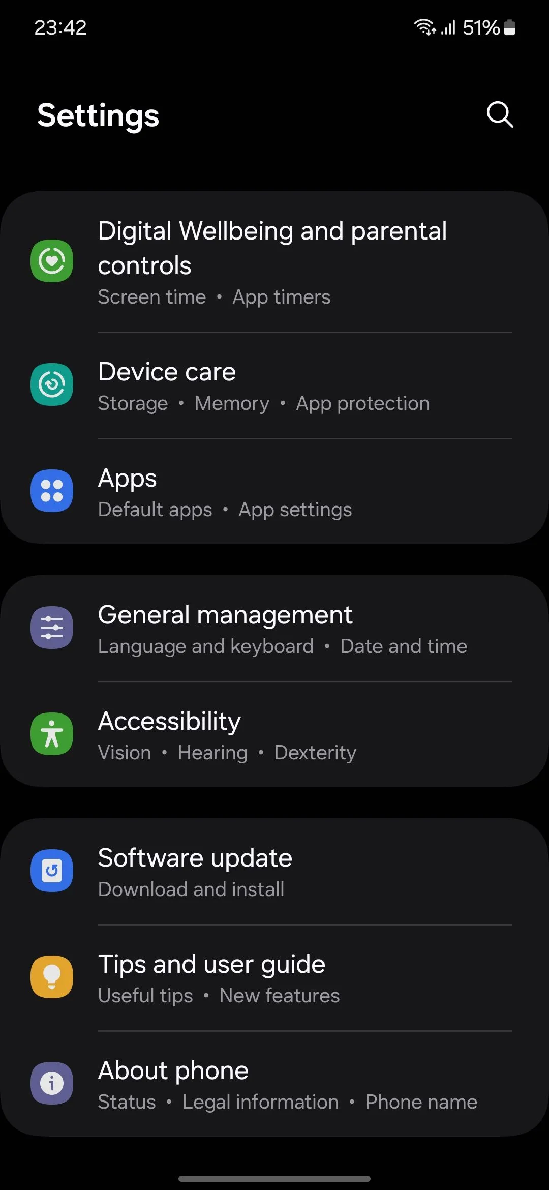 Trang cài đặt điện thoại Samsung Galaxy