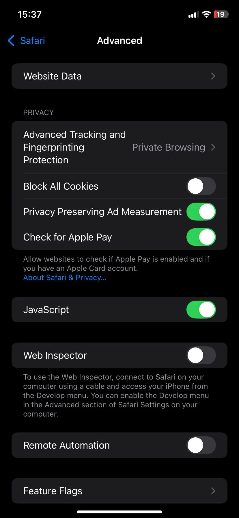 Trang cài đặt nâng cao của Safari trên iPhone, hiển thị tùy chọn dữ liệu trang web để quản lý và xóa.