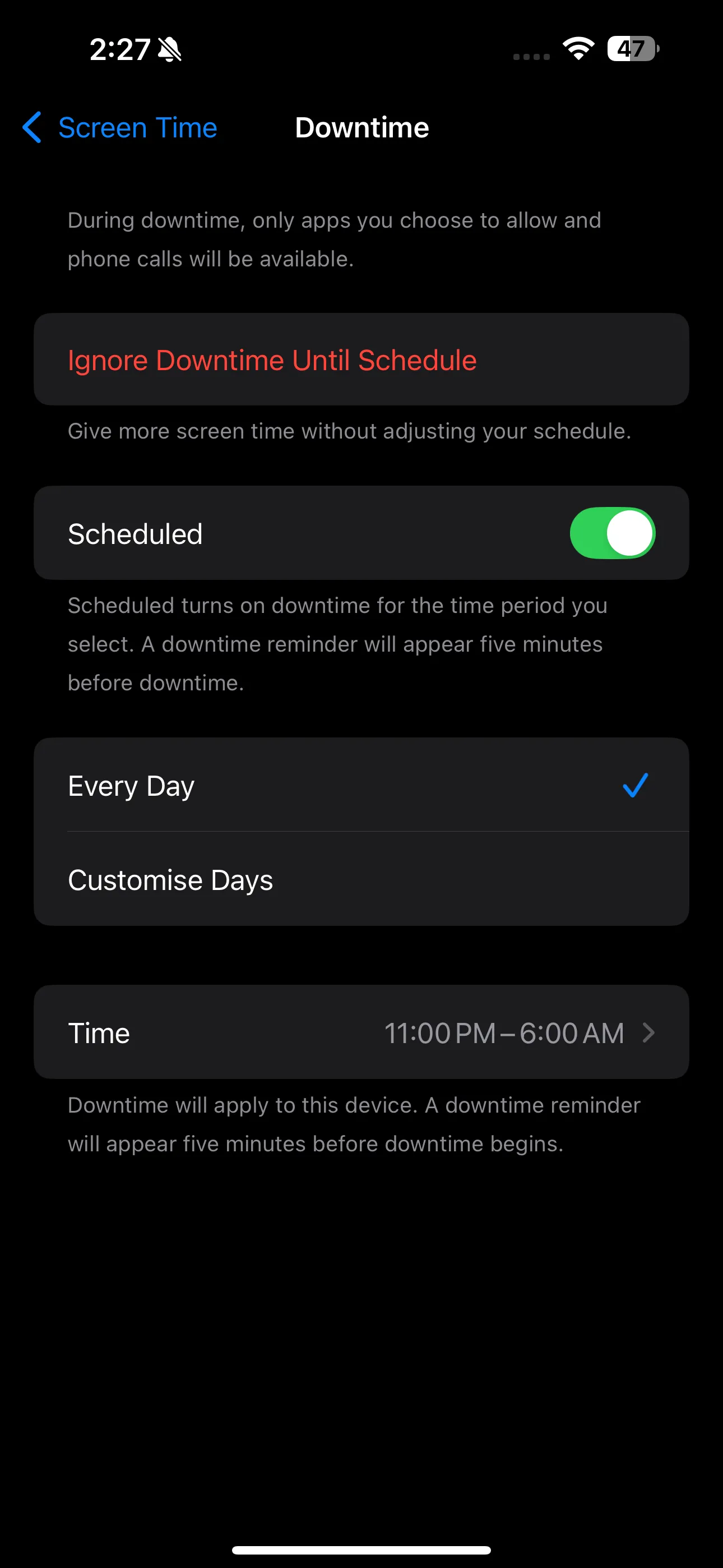 Trang cài đặt Thời gian nghỉ (Downtime) trong ứng dụng Cài đặt iPhone