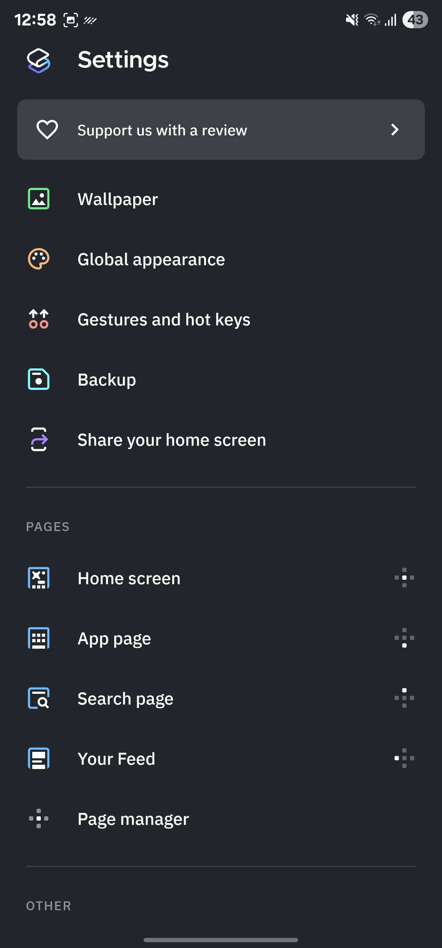 Trang cài đặt tổng quan của Smart Launcher, hiển thị các tùy chọn cấu hình chính.