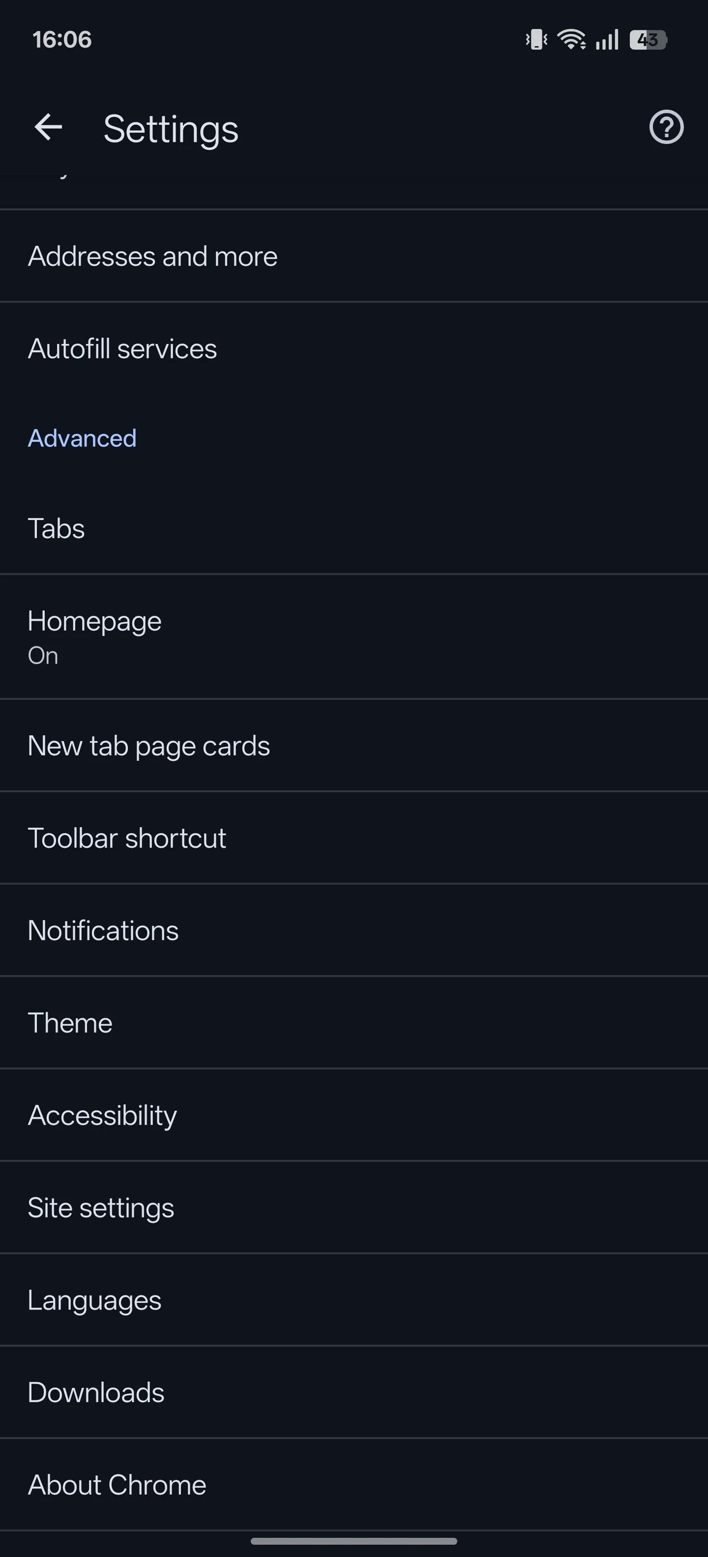Trang cài đặt trong Chrome dành cho Android.