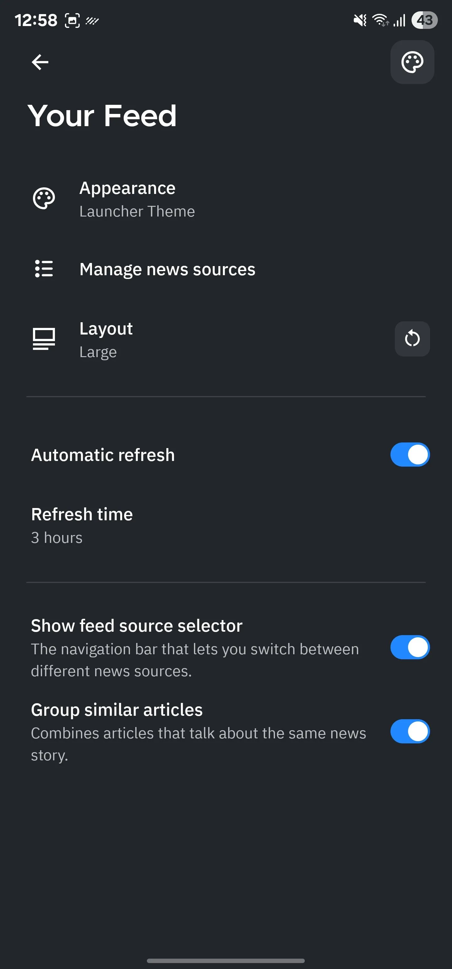Trang cấu hình Nguồn cấp dữ liệu (Your Feed) trong Smart Launcher, cho phép quản lý các nguồn tin RSS.