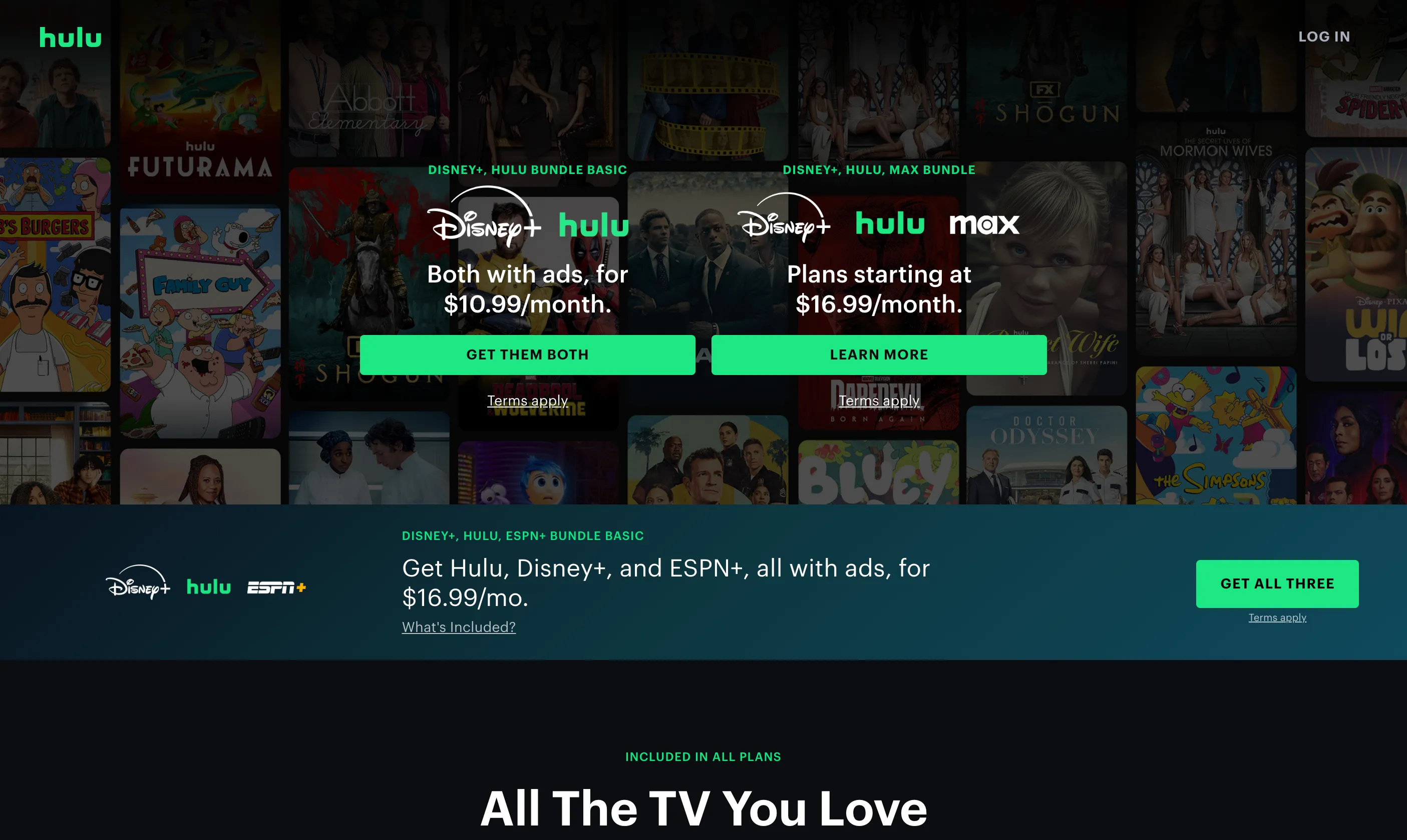 Trang chào mừng của dịch vụ streaming Hulu với các chương trình truyền hình và phim nổi bật