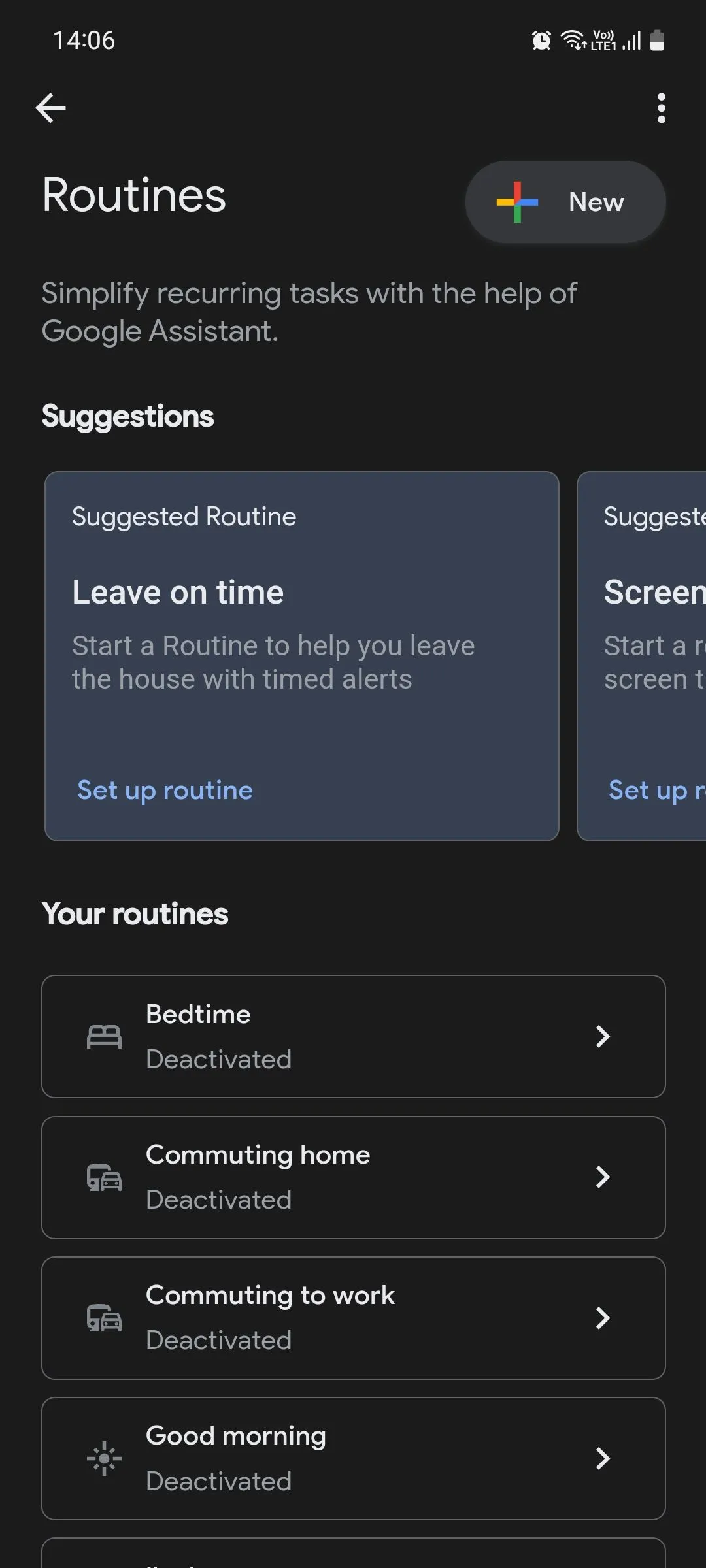 Trang chính của Google Assistant Routines, hiển thị các tùy chọn tự động hóa thông qua trợ lý ảo Google trên điện thoại Android.