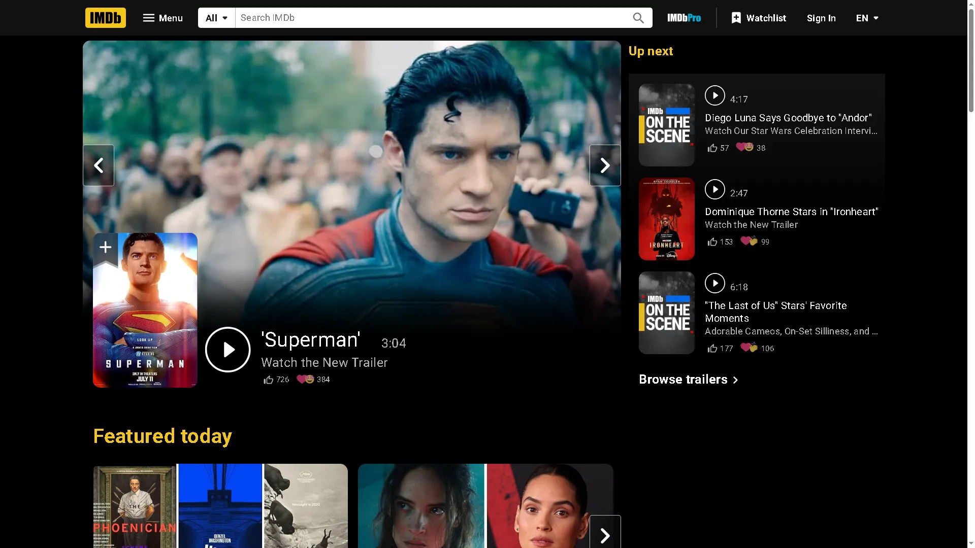 Trang chính của IMDb với hình ảnh nhân vật Superman.