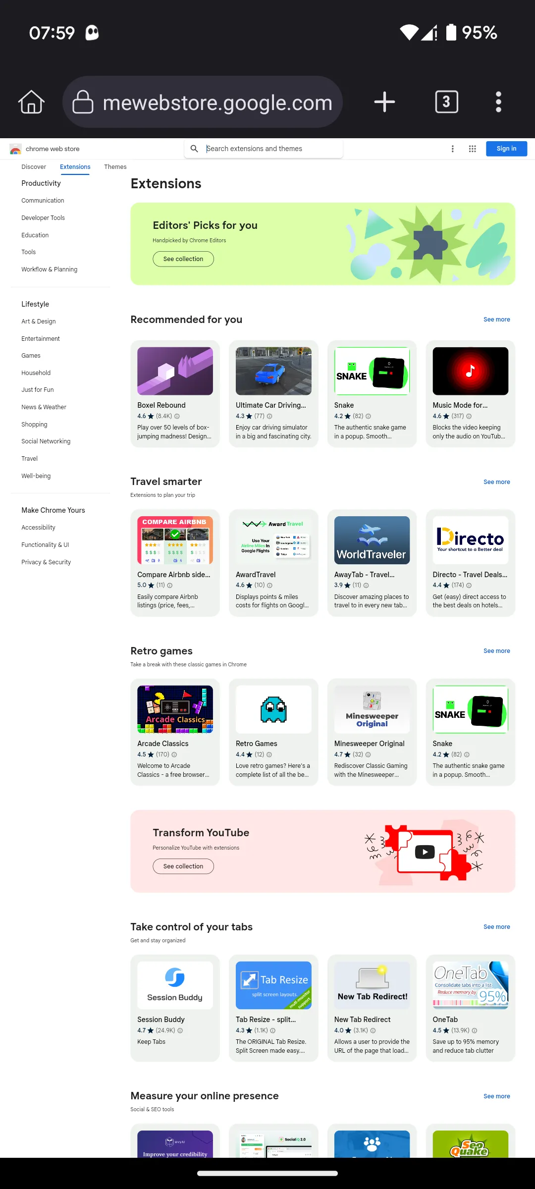 Trang chủ Cửa hàng Chrome trực tuyến hiển thị trong trình duyệt Kiwi Browser trên Android, nơi tìm kiếm tiện ích mở rộng.