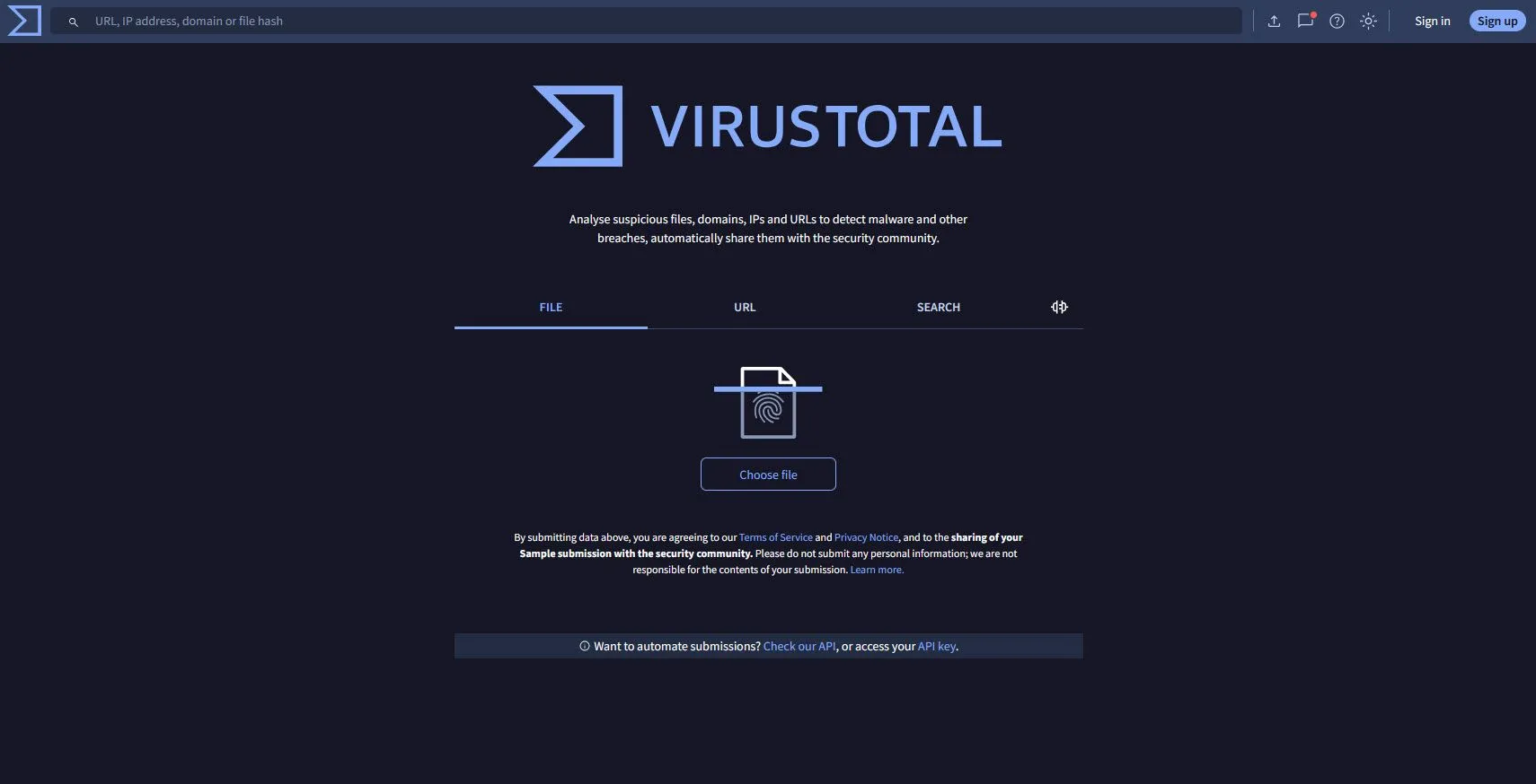 Trang chủ của VirusTotal, một công cụ trực tuyến để quét virus và kiểm tra các tệp đáng ngờ