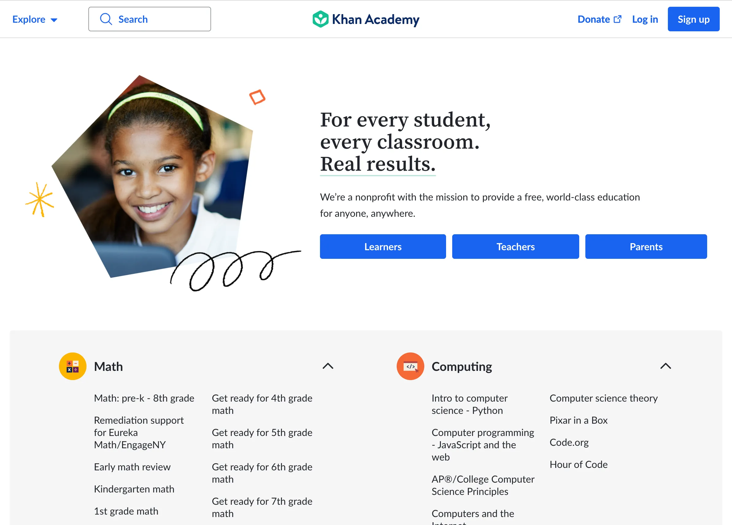 Trang chủ Khan Academy, một website học tập miễn phí giúp đơn giản hóa các khái niệm cơ bản về toán, khoa học.