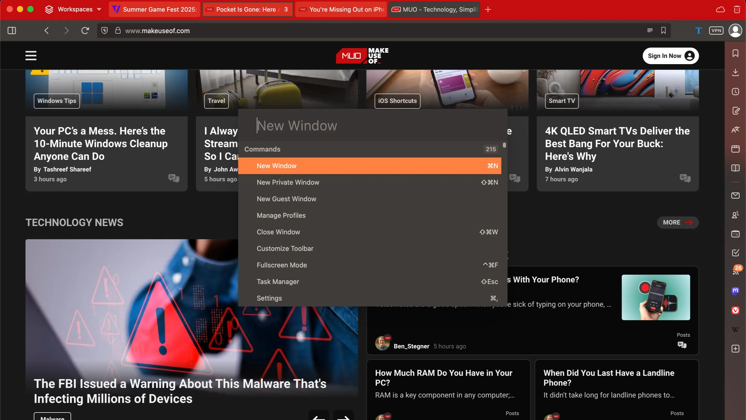 Trang chủ Makeuseof.com hiển thị trên Vivaldi với tính năng Quick Commands đang mở
