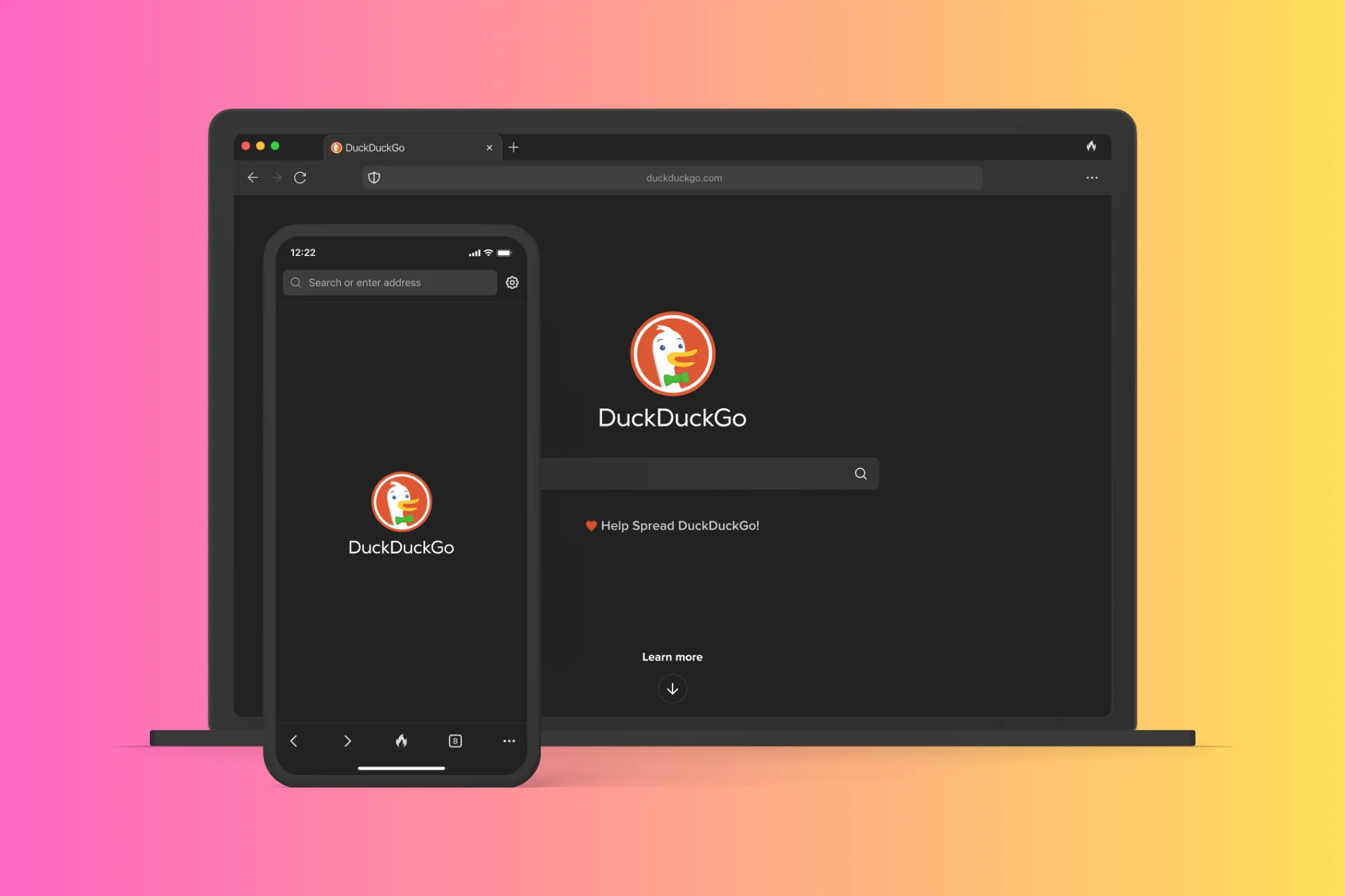 Trang chủ trình duyệt DuckDuckGo trên mockup máy tính xách tay và di động