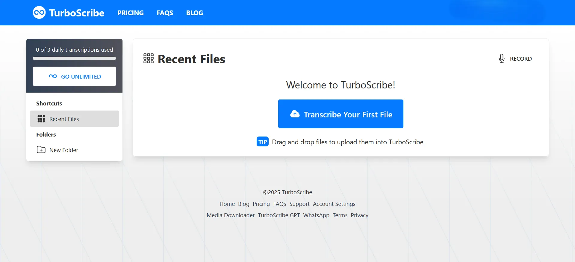 Trang chủ TurboScribe.ai, nền tảng chuyển đổi âm thanh thành văn bản với công nghệ AI Whisper.