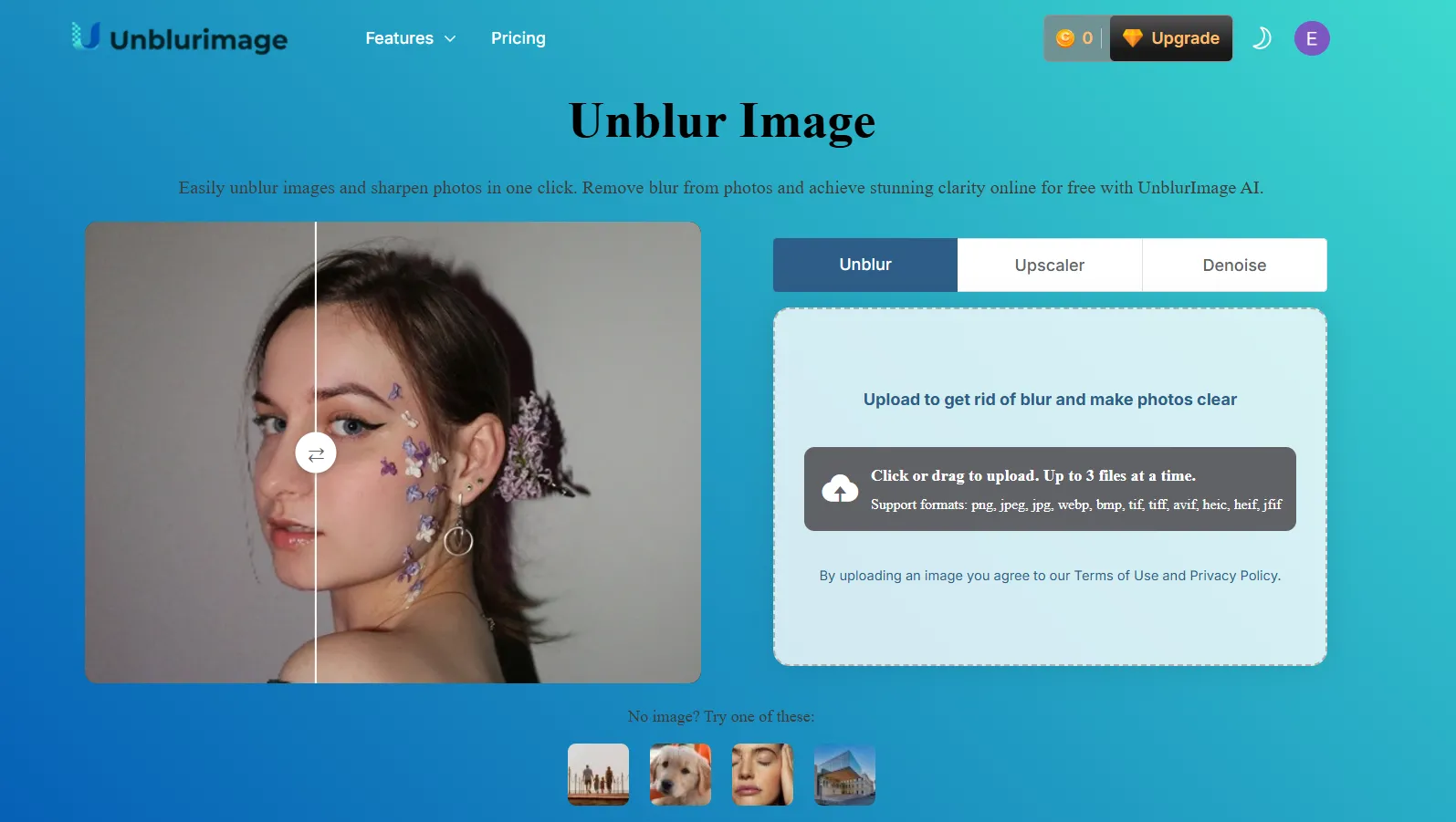 Trang chủ UnblurImage AI với tùy chọn tải ảnh lên để làm rõ