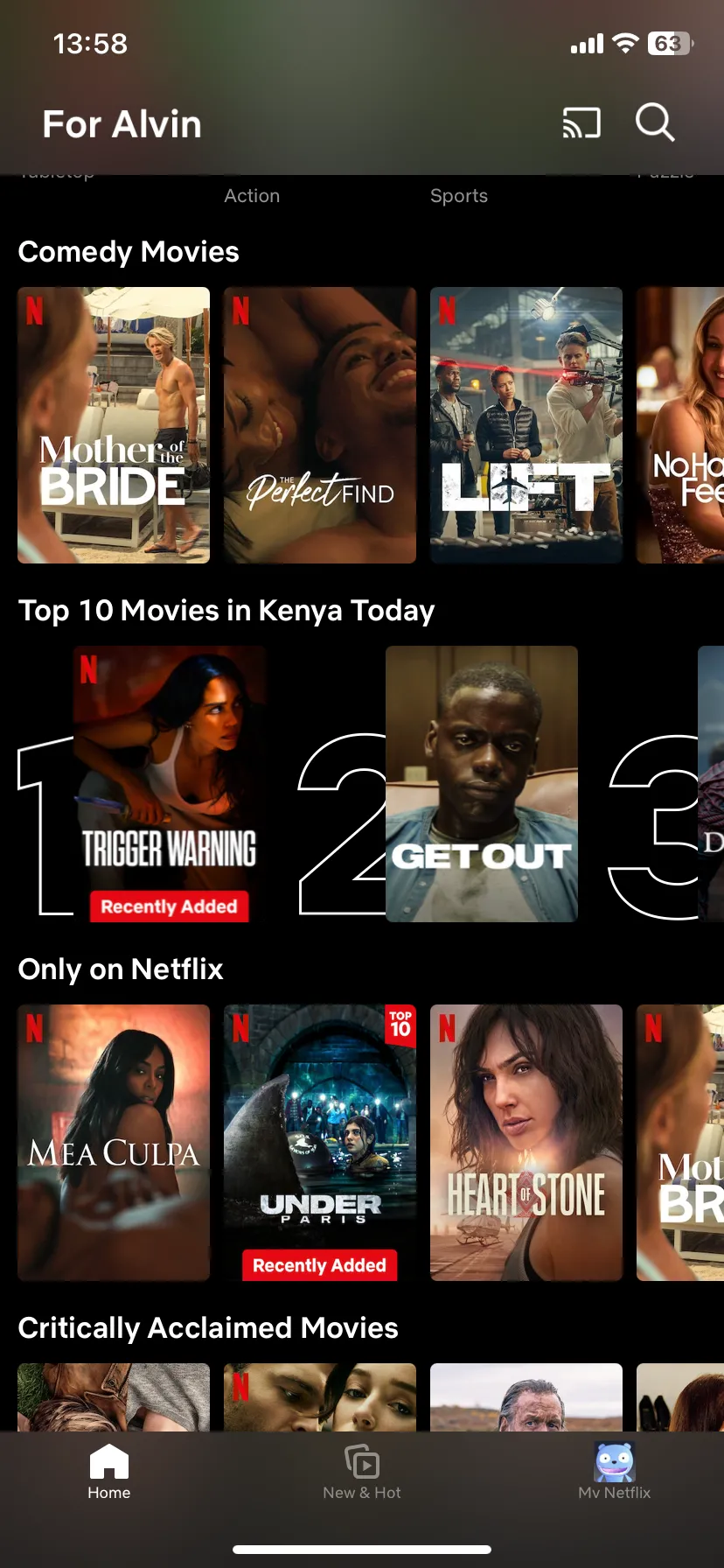 Trang chủ ứng dụng Netflix trên iOS, nơi bạn có thể thư giãn với phim ảnh và chương trình yêu thích, đặc biệt hữu ích khi có thời gian rảnh trong chuyến du lịch một mình.