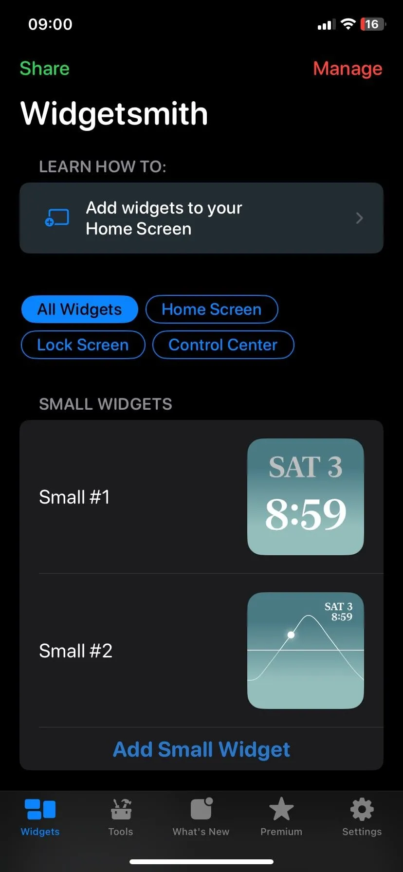 Trang chủ ứng dụng Widgetsmith với các tùy chọn tạo widget theo kích thước