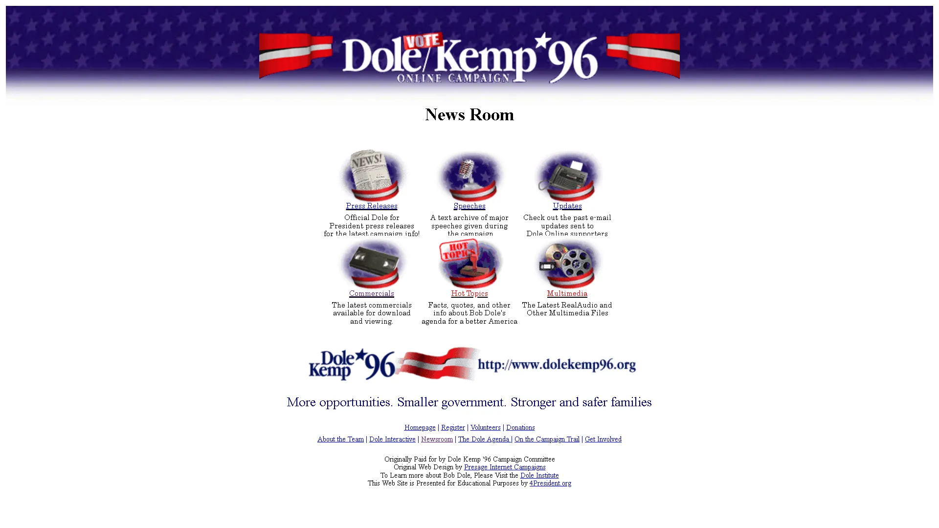 Trang chủ website chiến dịch tranh cử Dole và Kemp 1996.