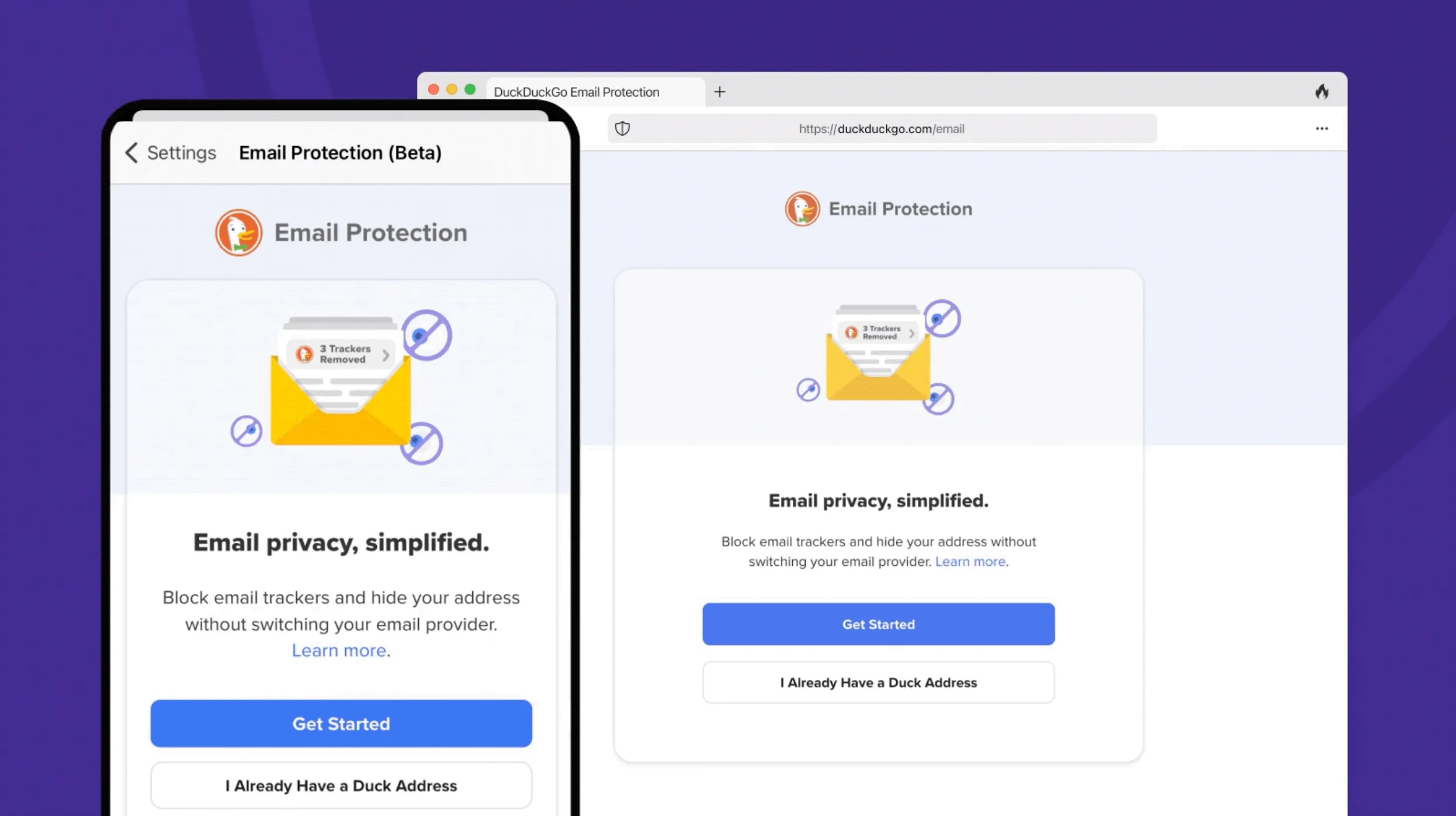 Trang đăng ký tính năng bảo vệ Email của DuckDuckGo trên thiết bị di động và máy tính để bàn