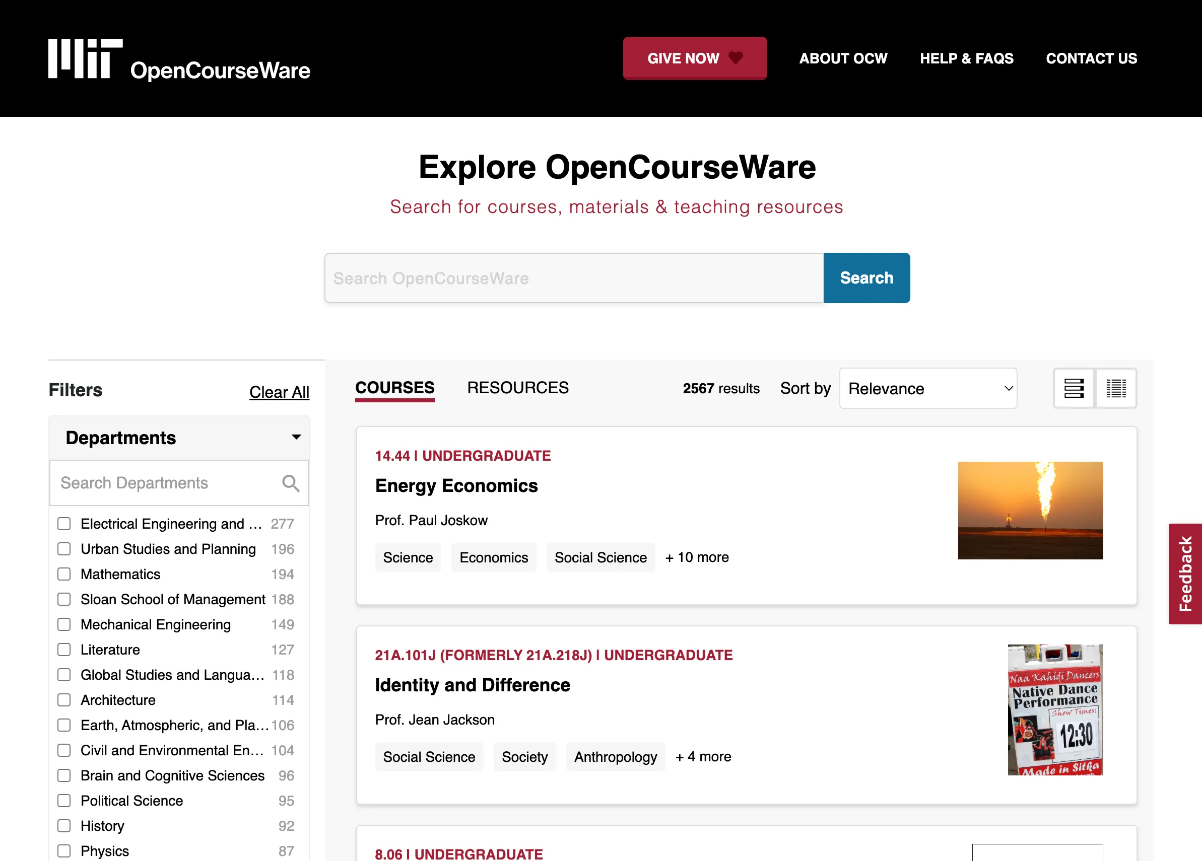 Trang duyệt khóa học của MIT OpenCourseWare, cung cấp tài liệu học thuật miễn phí từ Viện Công nghệ Massachusetts.