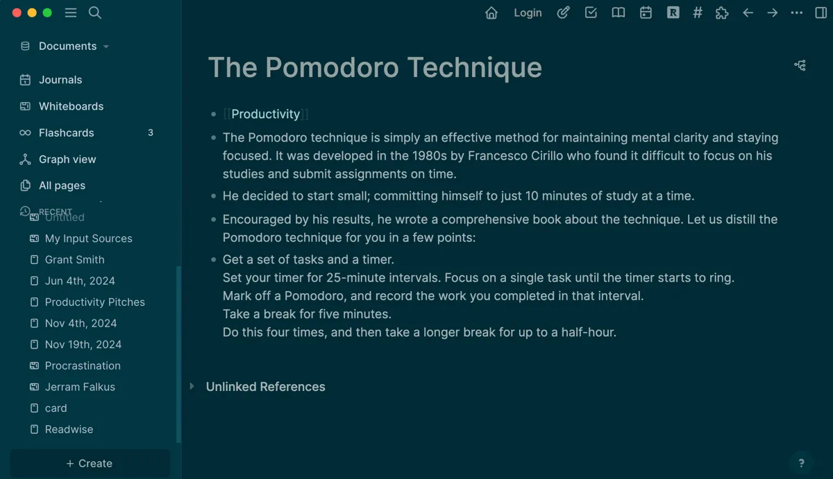 Trang ghi chú về Kỹ thuật Pomodoro được liên kết trong Logseq