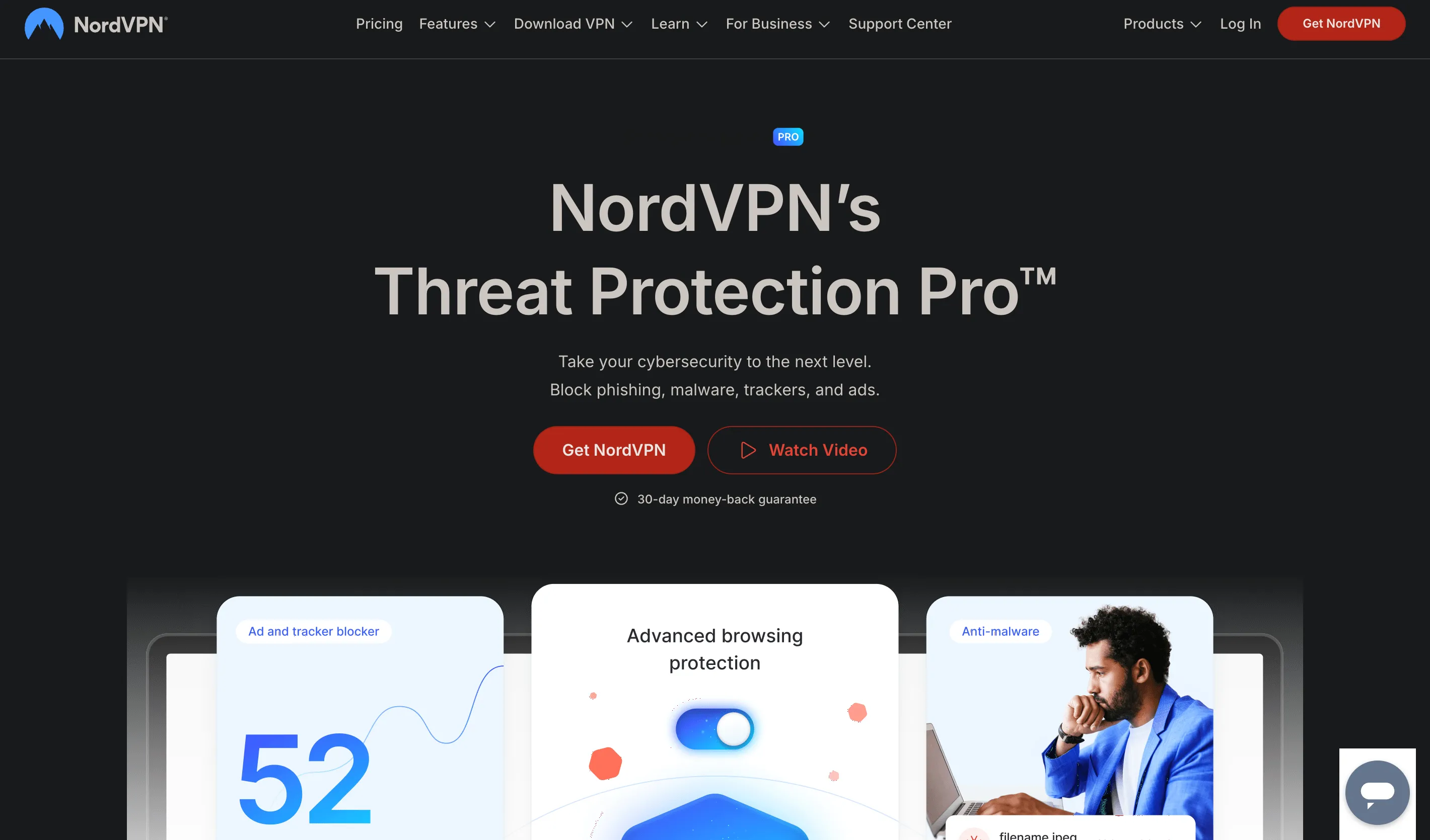 Trang giới thiệu tính năng Threat Protection Pro của NordVPN, nhấn mạnh khả năng bảo mật