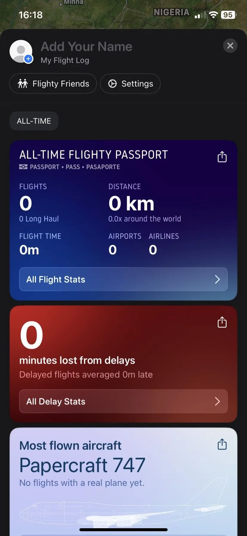 Trang hồ sơ người dùng của ứng dụng Flighty, hiển thị thông tin chuyến bay đã lưu và các cài đặt cá nhân.