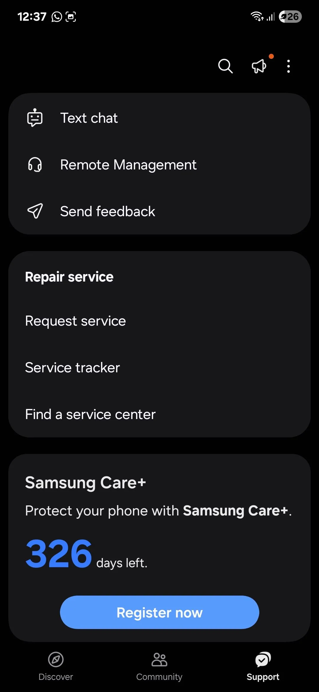 Trang hỗ trợ của ứng dụng Samsung Members với các tùy chọn dịch vụ