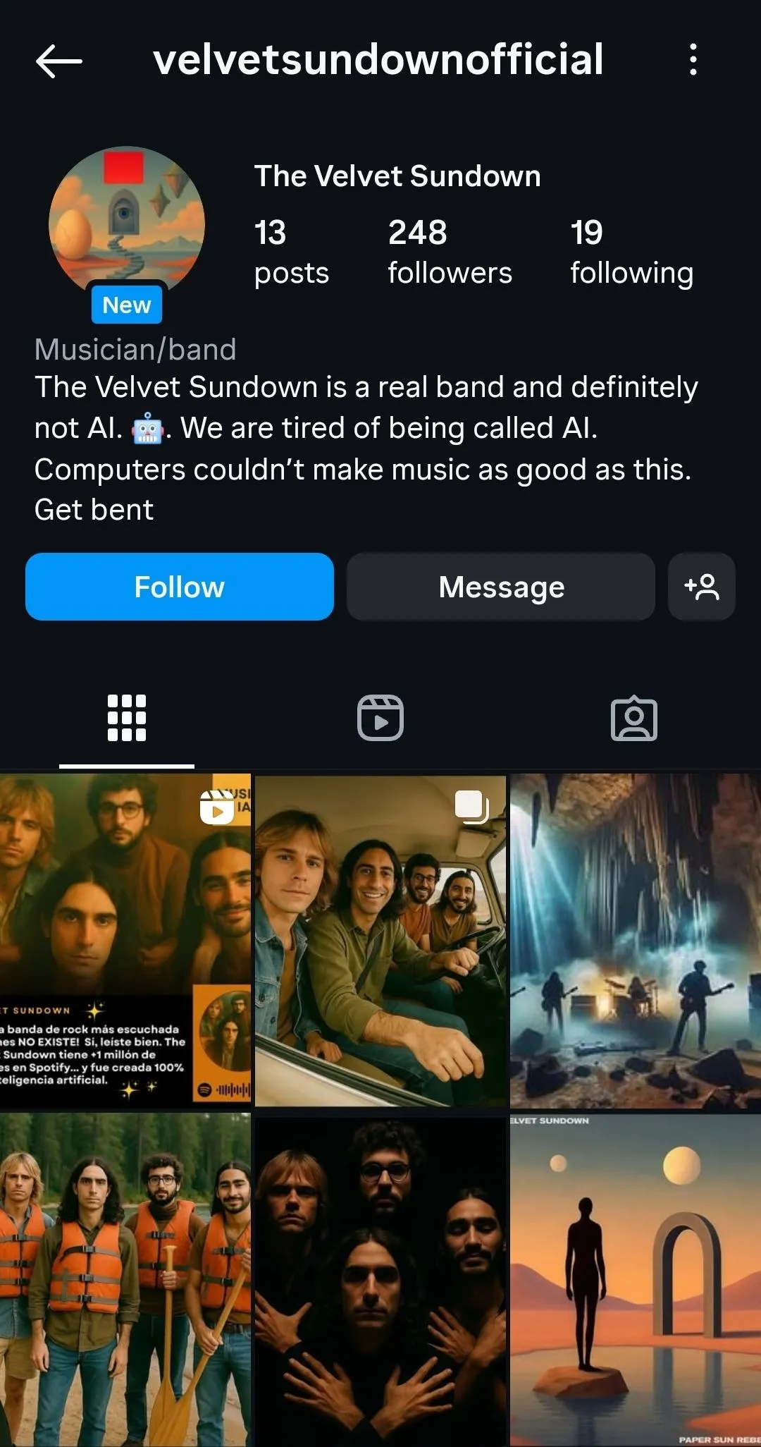 Trang Instagram của nhóm nhạc AI The Velvet Sundown, cho thấy sự thiếu tương tác.