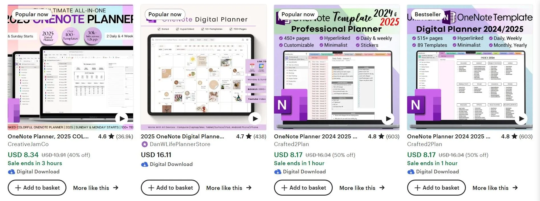 Trang kết quả tìm kiếm Etsy hiển thị đa dạng các mẫu OneNote sáng tạo