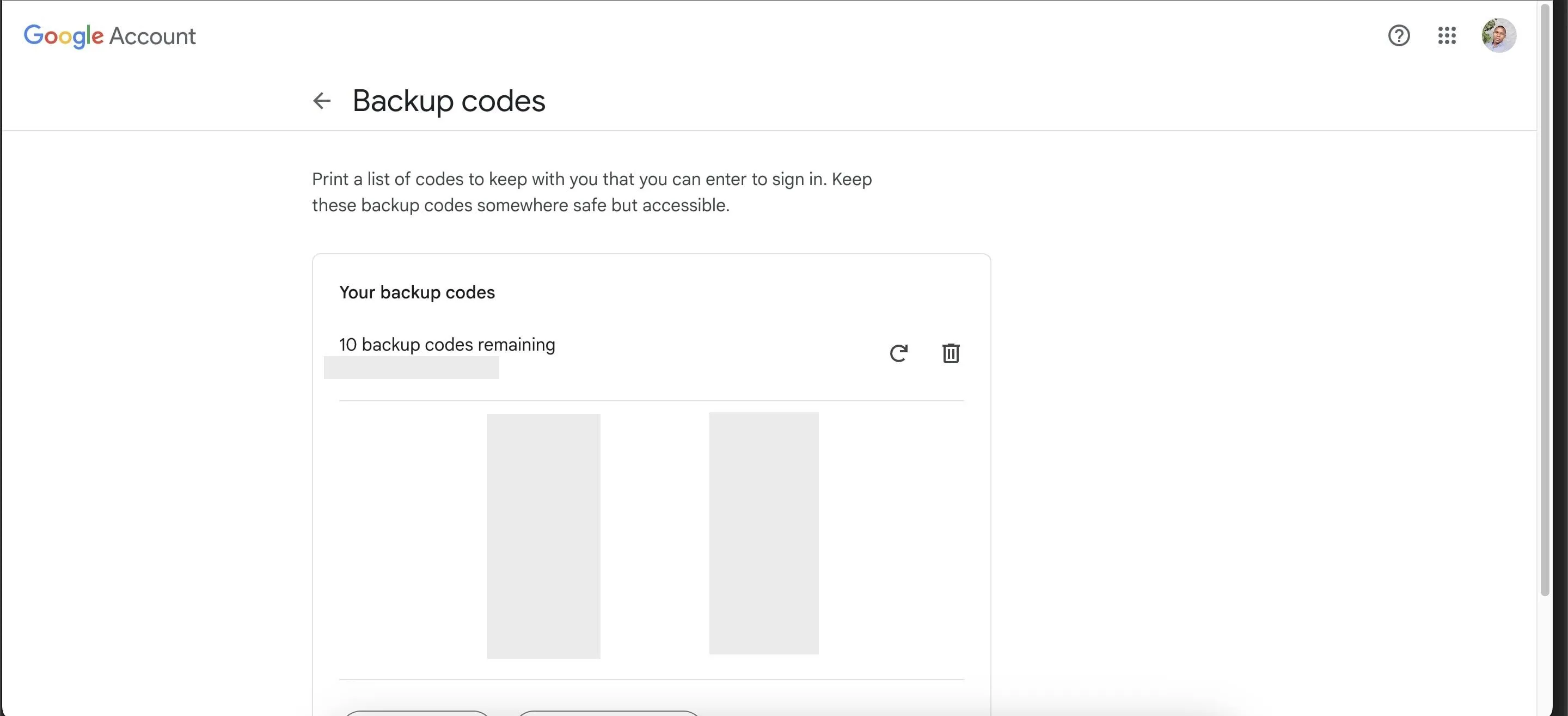 Trang mã dự phòng trên cài đặt tài khoản Google