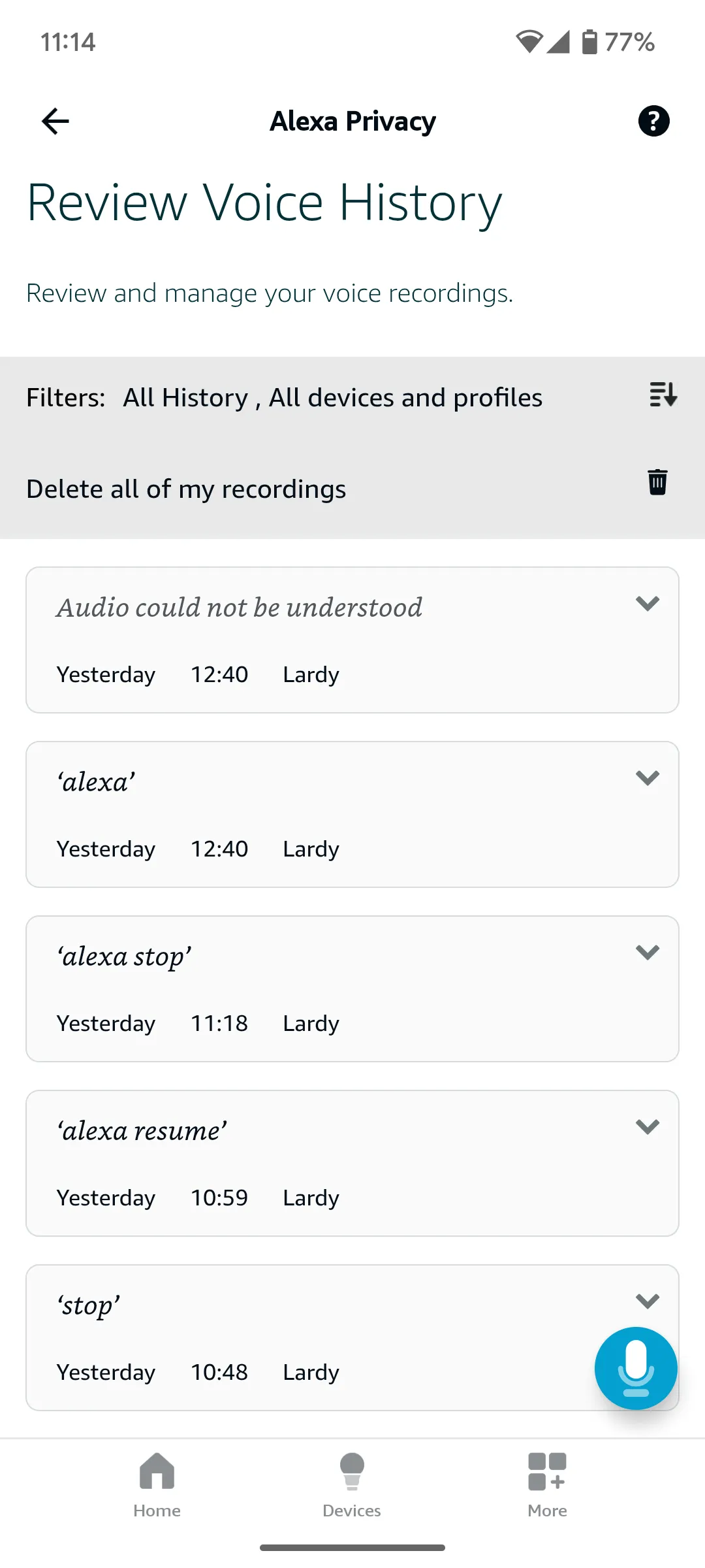 Trang quản lý bản ghi giọng nói của bạn trên ứng dụng Alexa
