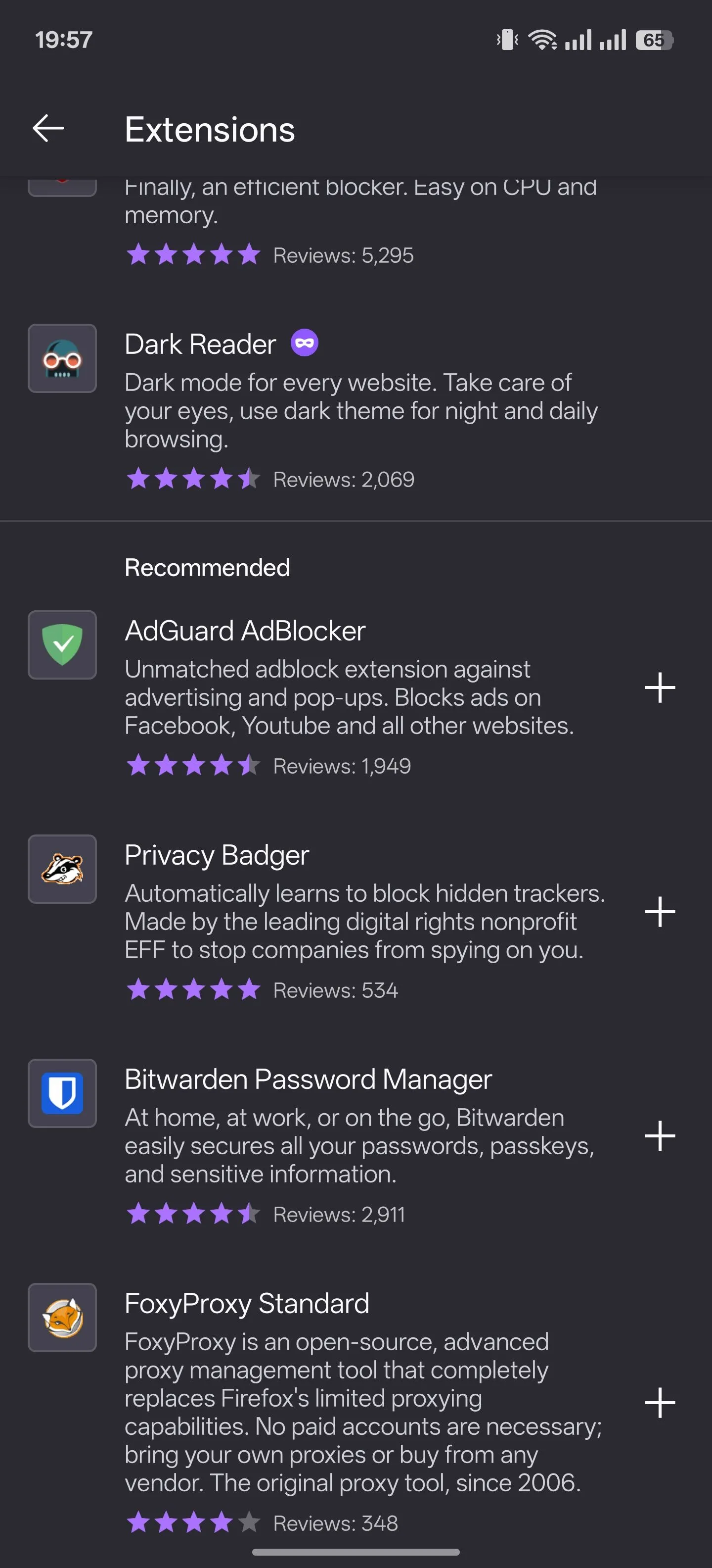 Trang quản lý các tiện ích mở rộng đã cài đặt trong trình duyệt Firefox trên điện thoại Android.