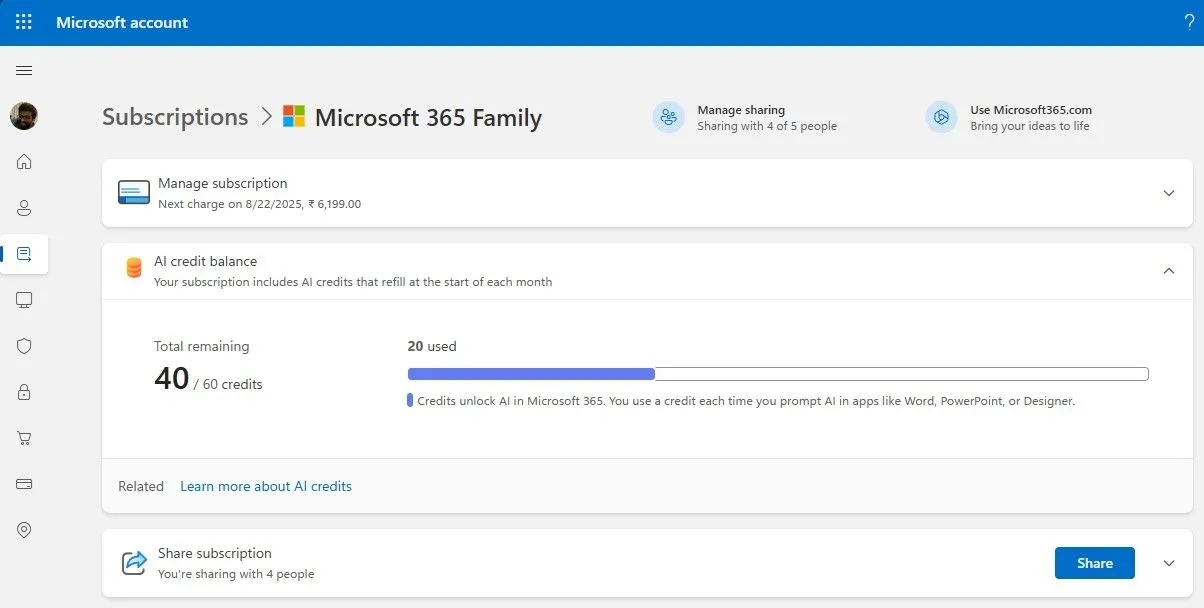 Trang quản lý tài khoản Microsoft hiển thị số dư tín dụng AI còn lại cho người dùng Microsoft 365