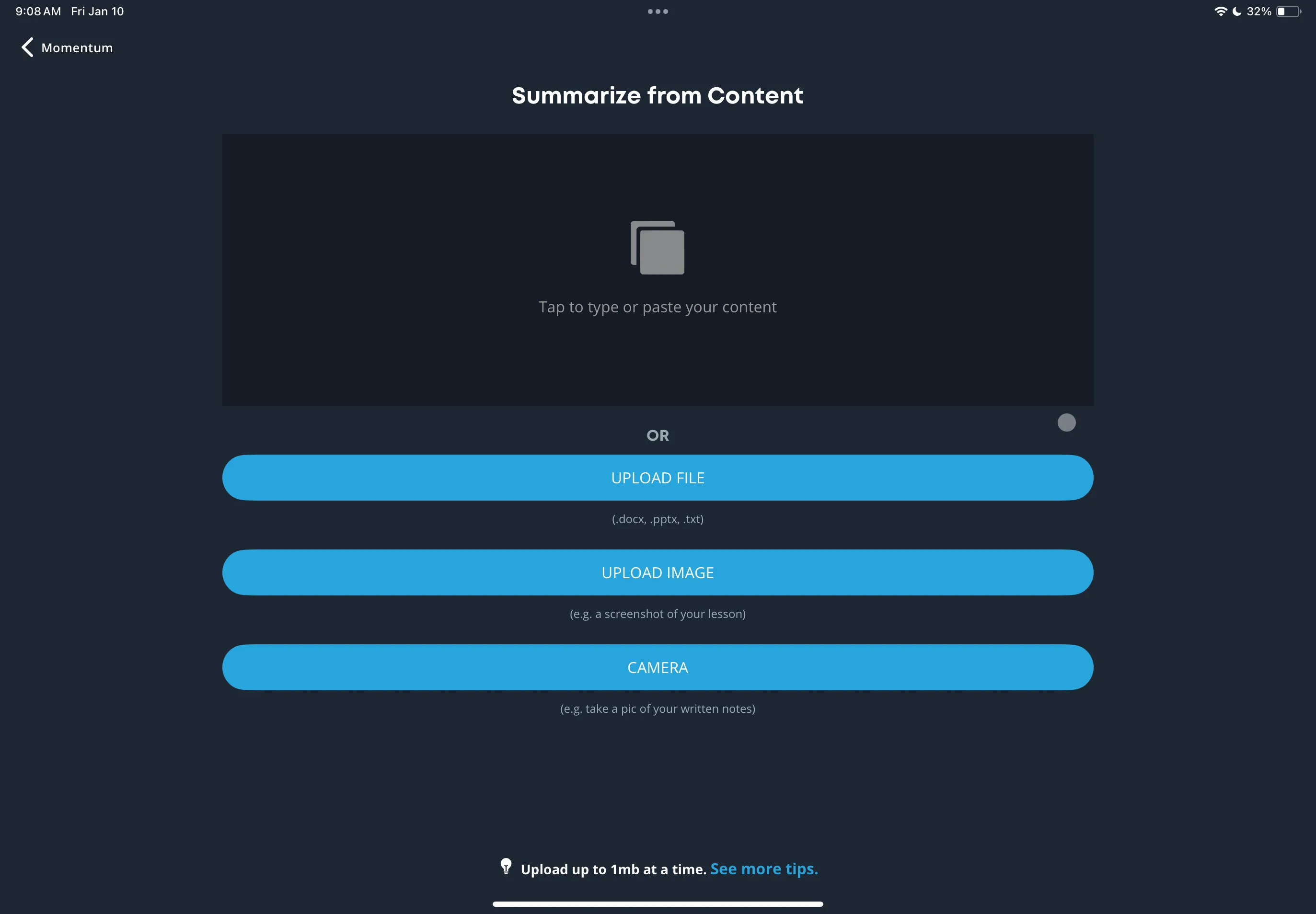 Trang &quot;Summarize From Content&quot; của Brainscape, cho phép tải lên tài liệu để tạo flashcard tự động
