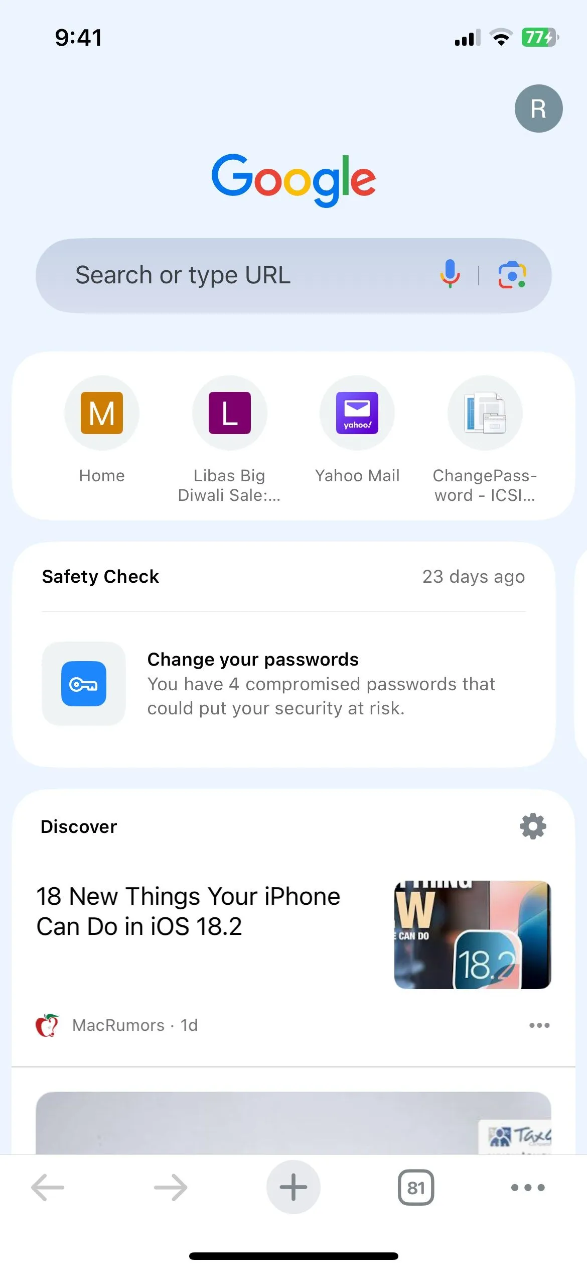 Trang tab mới của Chrome trên iPhone với giao diện sạch sẽ và trực quan