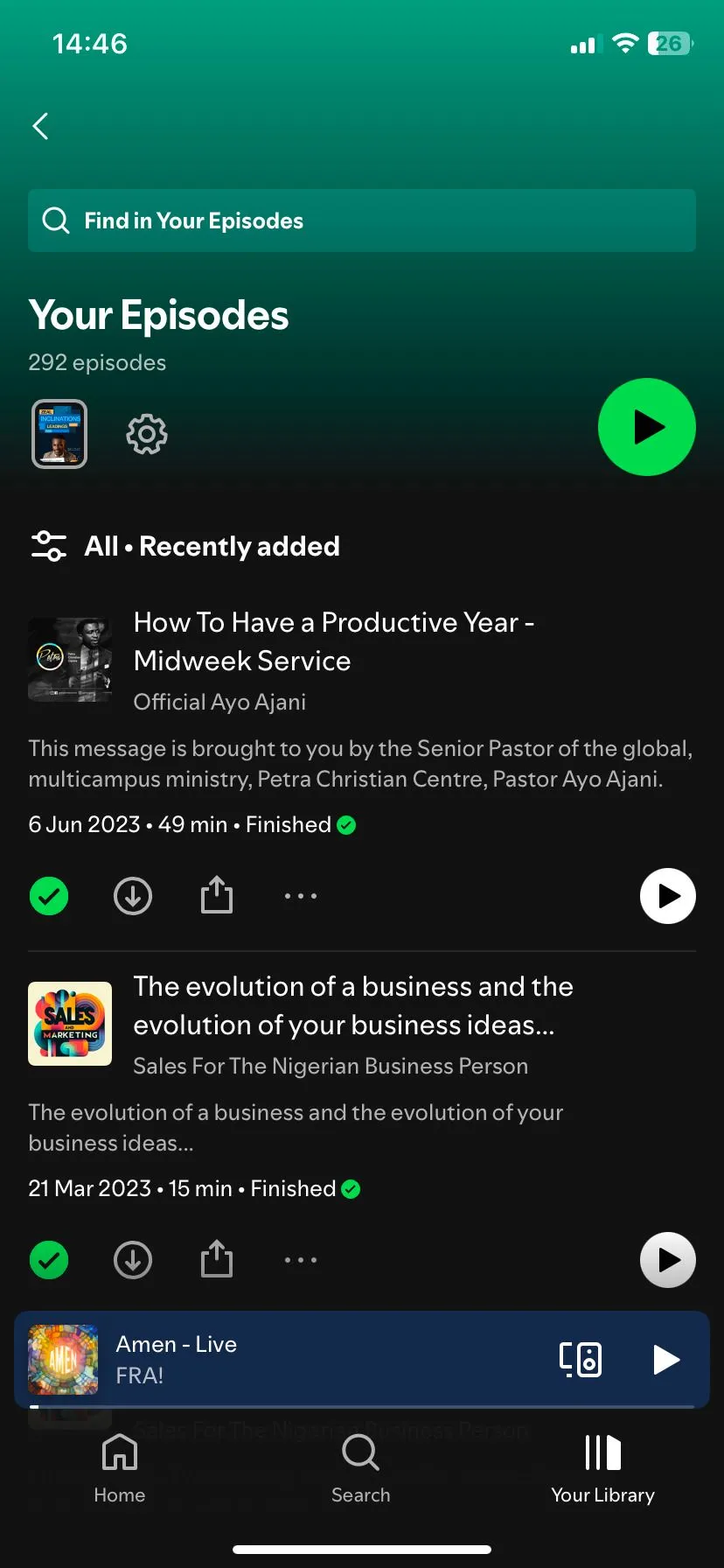 Trang &quot;Tập của bạn&quot; trong ứng dụng Spotify, hiển thị các tập podcast đã lưu để nghe ngoại tuyến, có thể xóa để giải phóng dung lượng.