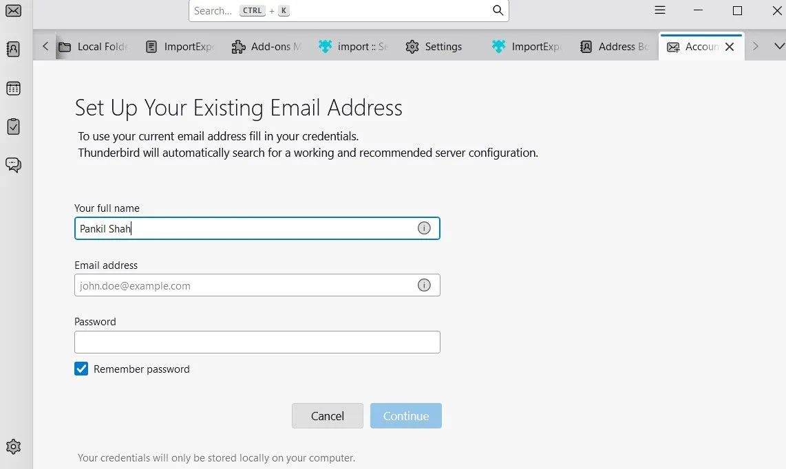 Trang thêm tài khoản mới trong ứng dụng Thunderbird, hiển thị tùy chọn thiết lập Email.