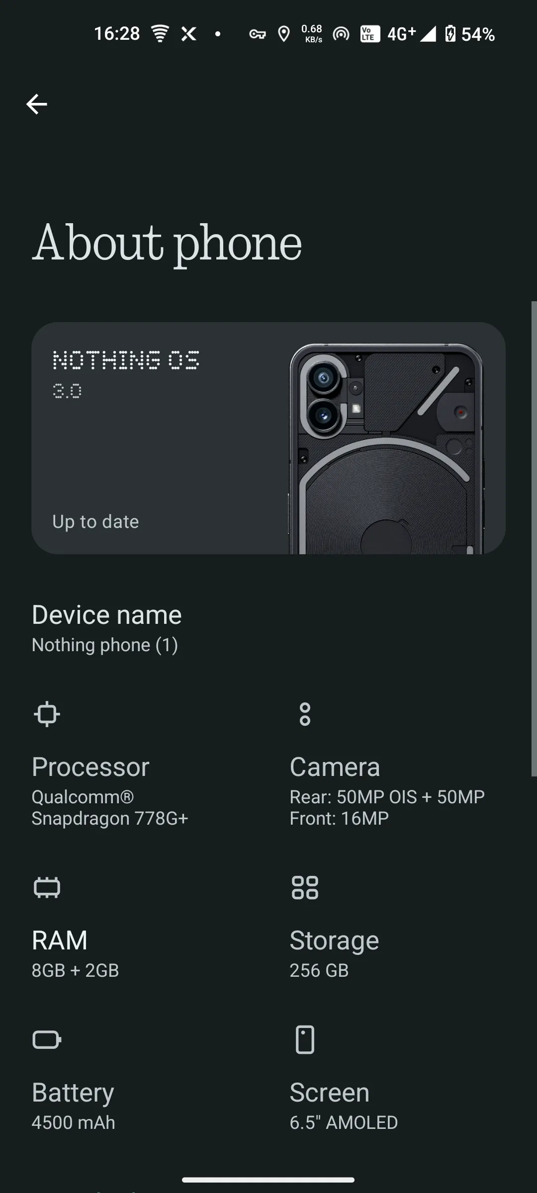 Trang thông tin điện thoại trên Nothing Phone hiển thị chi tiết thiết bị
