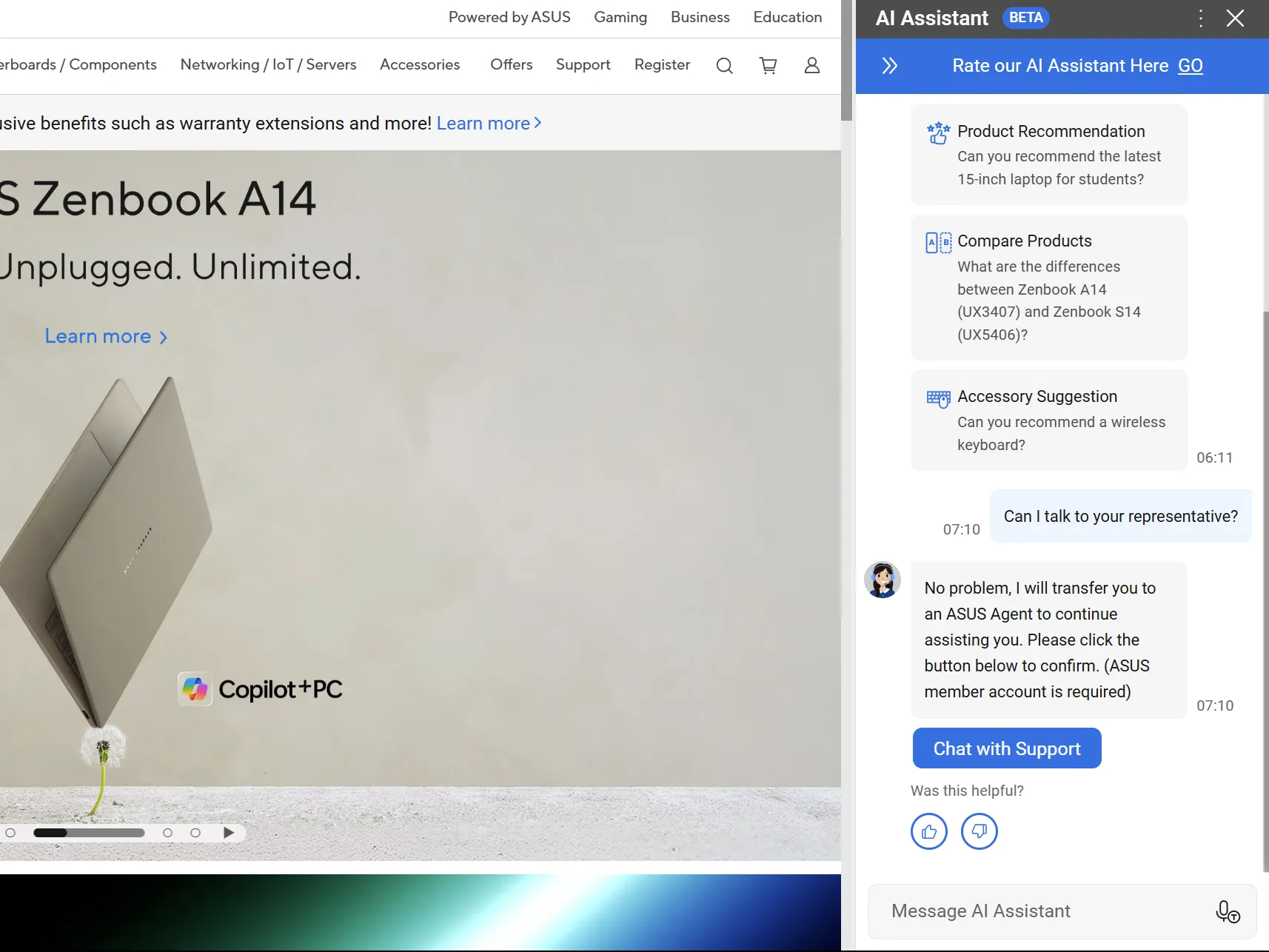 Trang web ASUS hiển thị chatbot hỗ trợ AI ở thanh bên cùng laptop Zenbook A14, minh họa sự phổ biến của chatbot AI trong hỗ trợ khách hàng.