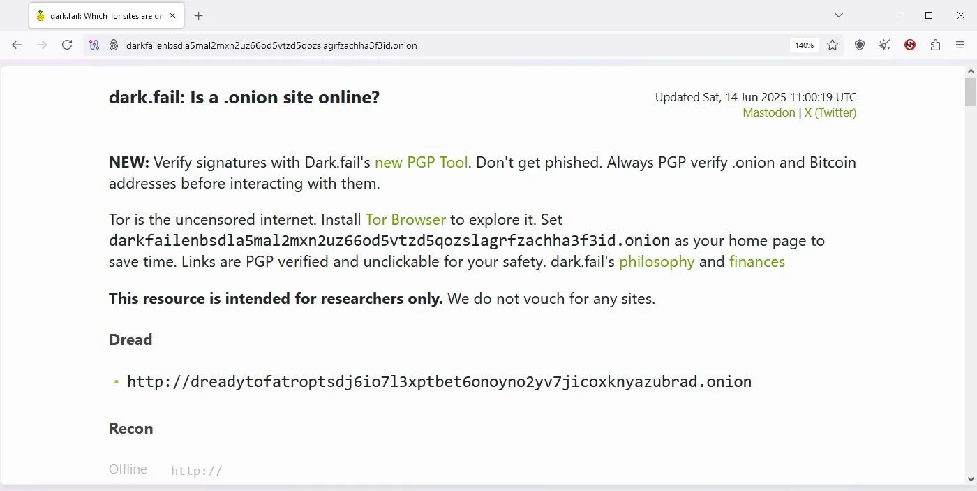 Trang web Dark Fail trên trình duyệt Tor - Minh họa sự đa dạng nội dung Dark Web