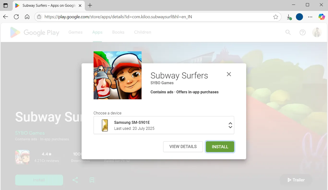 Trang web Google Play Store trên máy tính với tùy chọn cài đặt ứng dụng từ xa