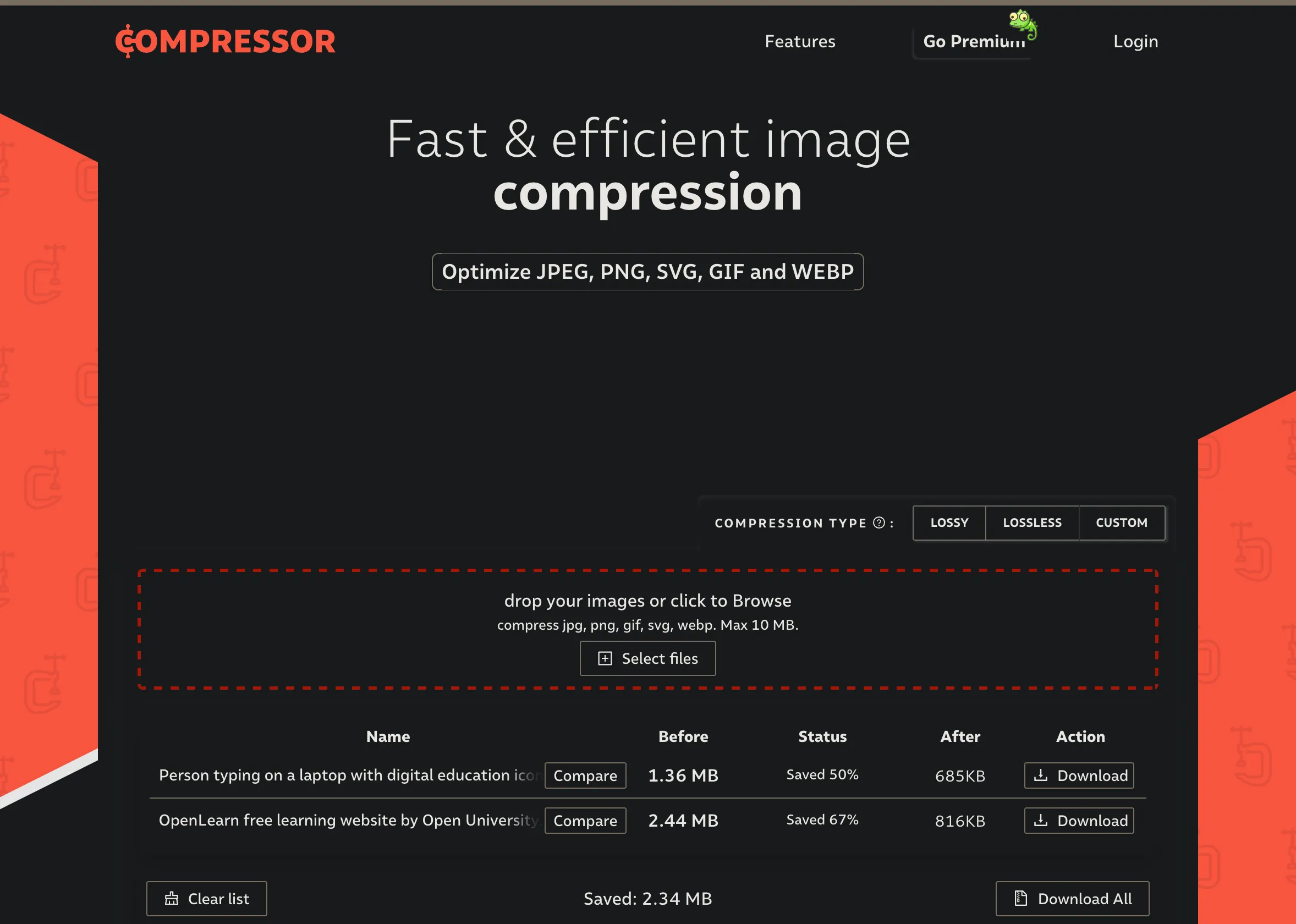 Trang web nén ảnh Compressor.io với giao diện trực quan