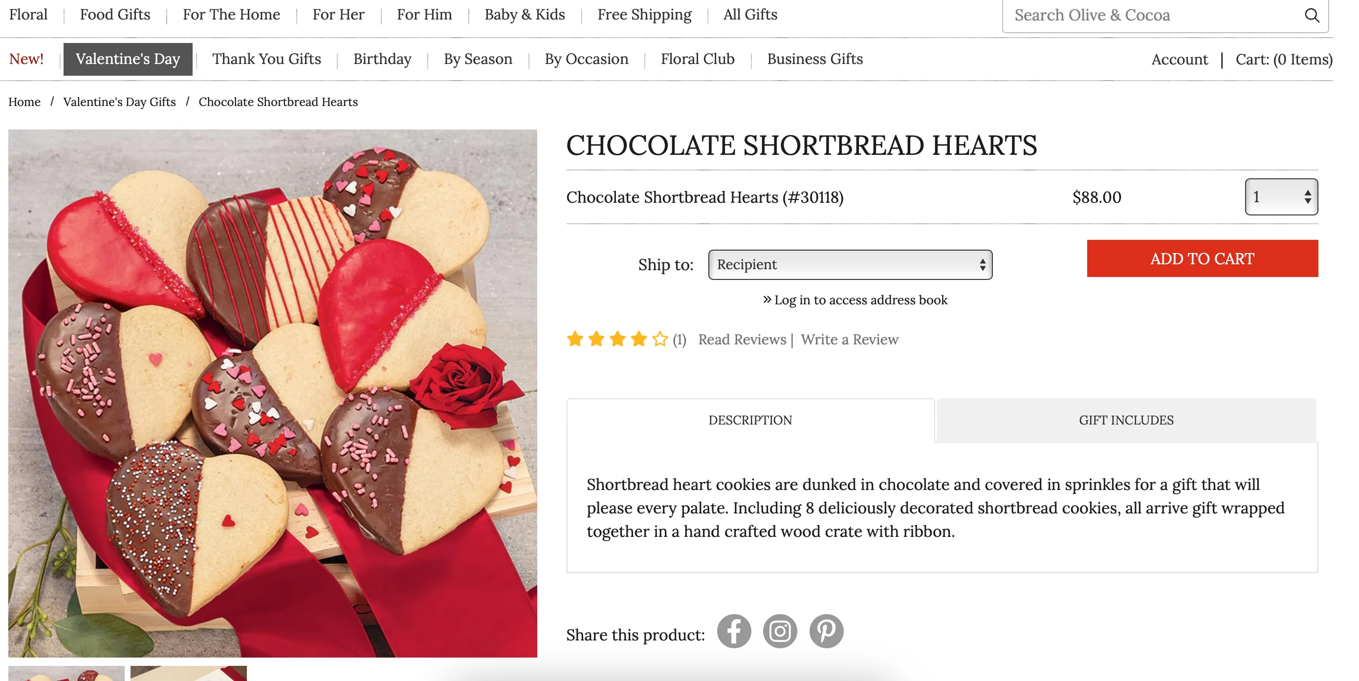 Trang web Olive &amp; Cocoa trưng bày các hộp quà Valentine cao cấp và sang trọng.