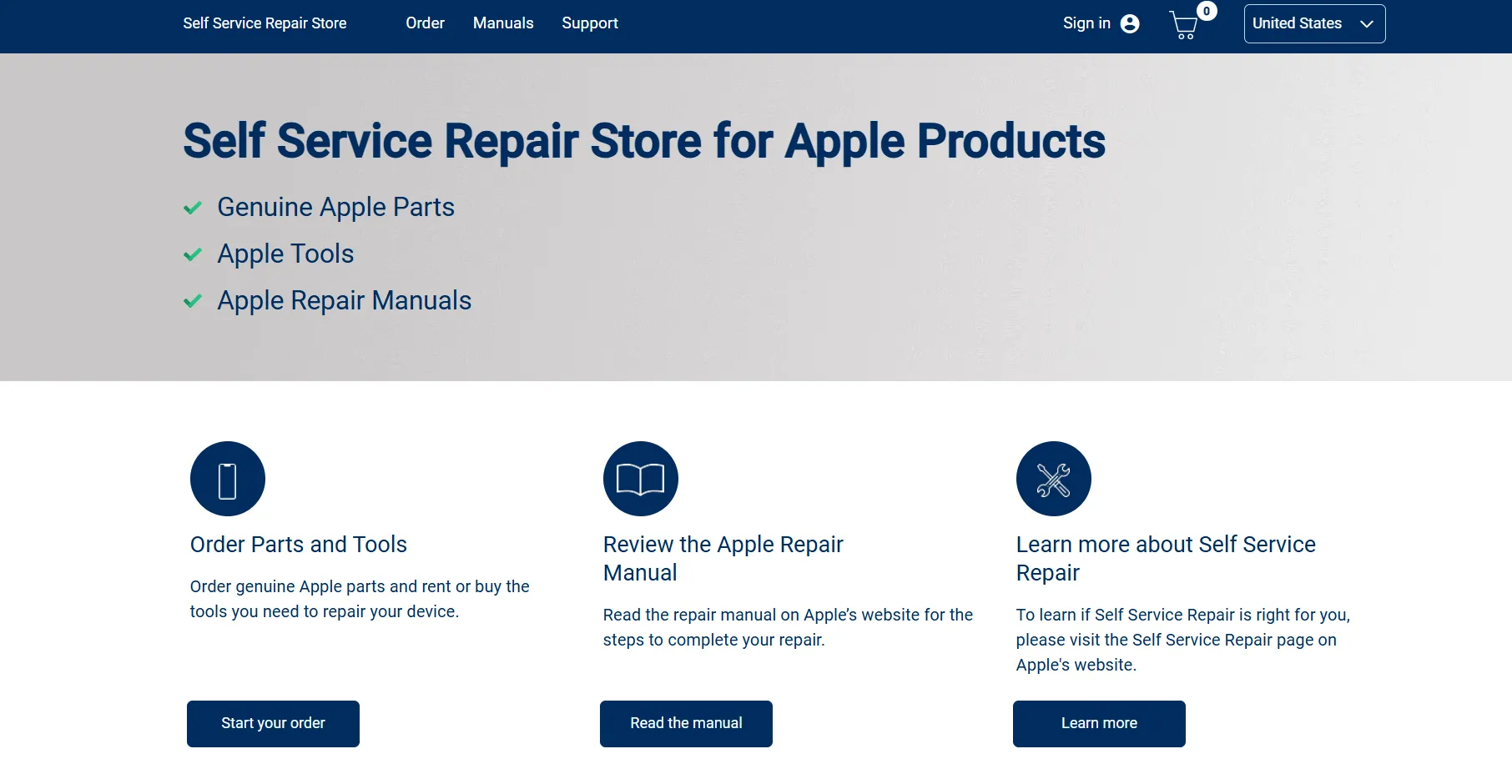 Trang web Self-Service Repair của Apple hiển thị các tùy chọn và hướng dẫn sửa chữa thiết bị.